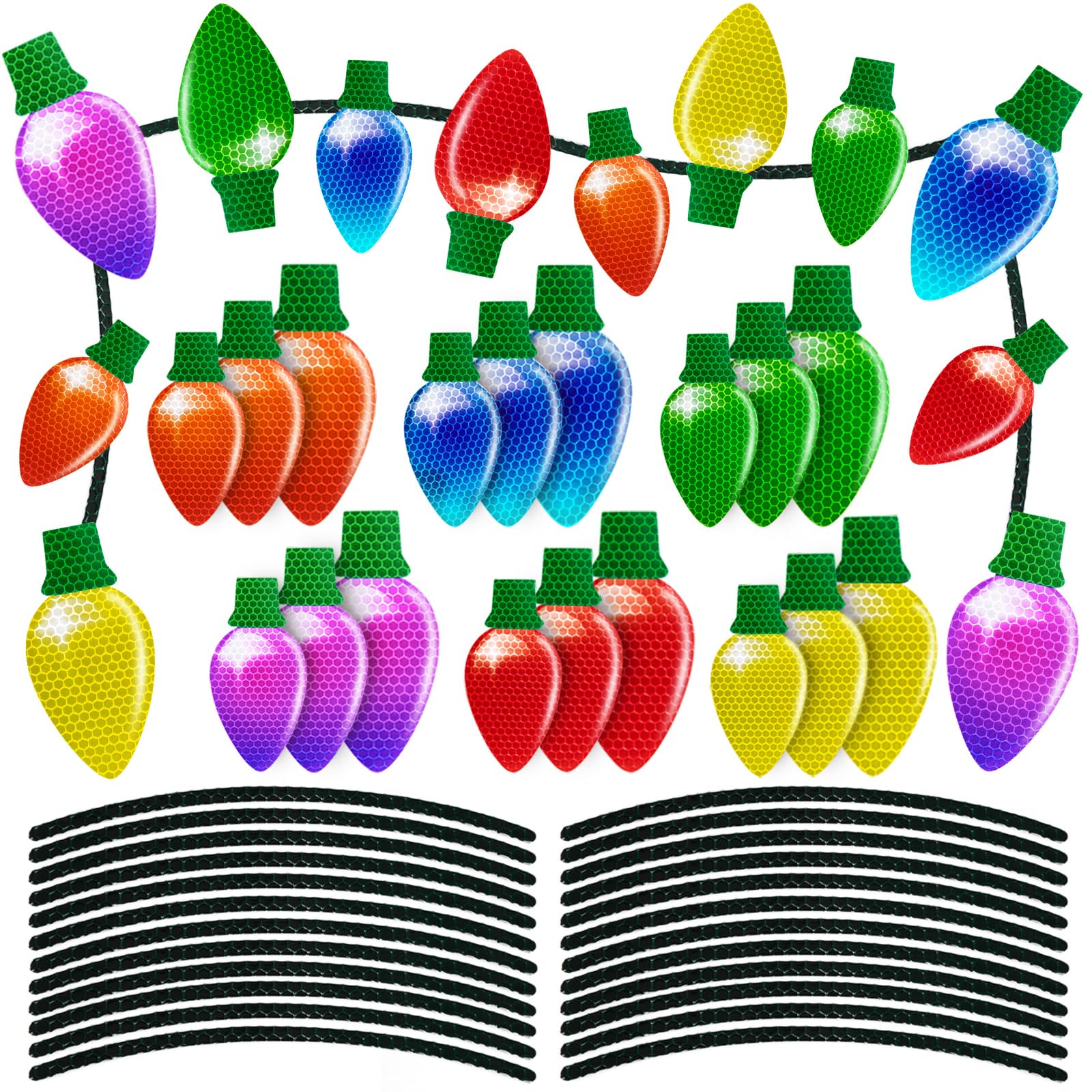 90Pcs Christmas Car Refrigerator Decorations - 42 Reflective Bulb Light Shaped Magnets 48 Magnetic Wires Ornaments Set Xmas Holi