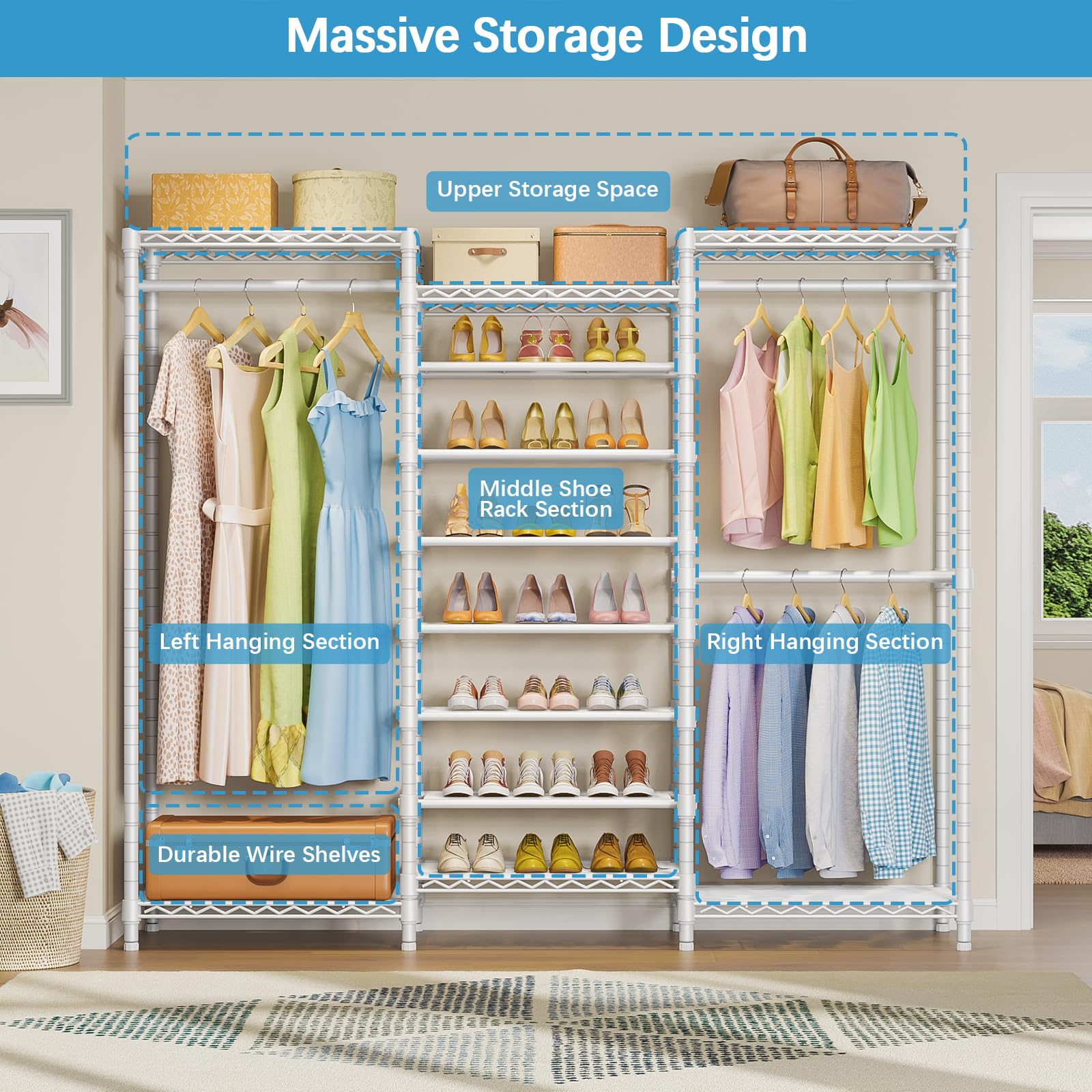 Vipek S3 Freestanding Clothes Rack Heavy Duty Garment Rack 6-Tier Shoe Rack Closet Storage Organizer Large Wardrobe, Hanging Rod
