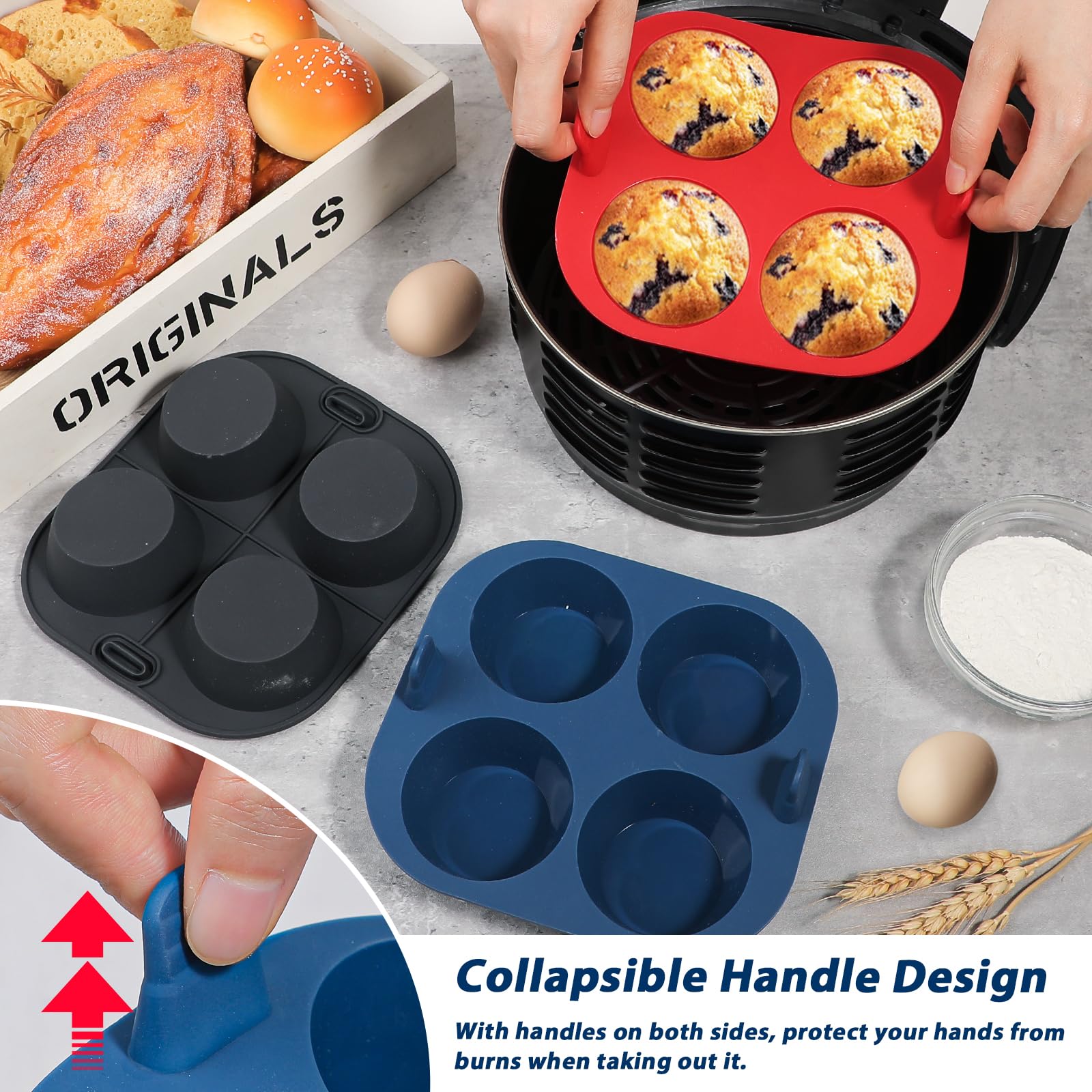 Webake 3Pcs Silicone Air Fryer Muffin Pan For Baking 4 Cavity Air Fryer Cupcake Pans Non Stick Food Grade And Bpa Free Muffin Ti