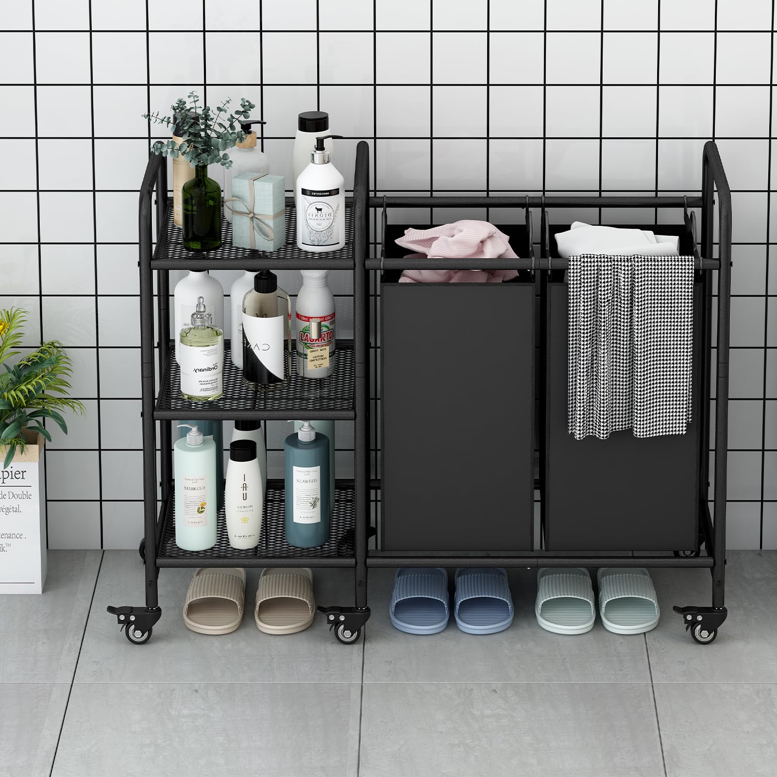 Linzinar 2 Bag Laundry Basket Sorter Cart With Storage Shelf Laundry Hamper With Rolling Wheels For Clothes Storage Laundry Orga