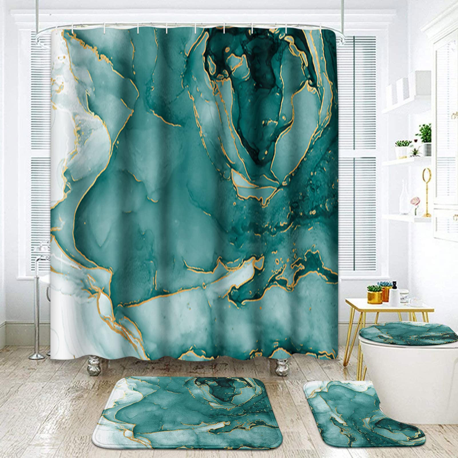 Artsocket Green Marble Bathroom Set With Shower Curtain And Rugs Accessories, Green Gold Aquamarine Shower Curtain Set, Ocean Wa