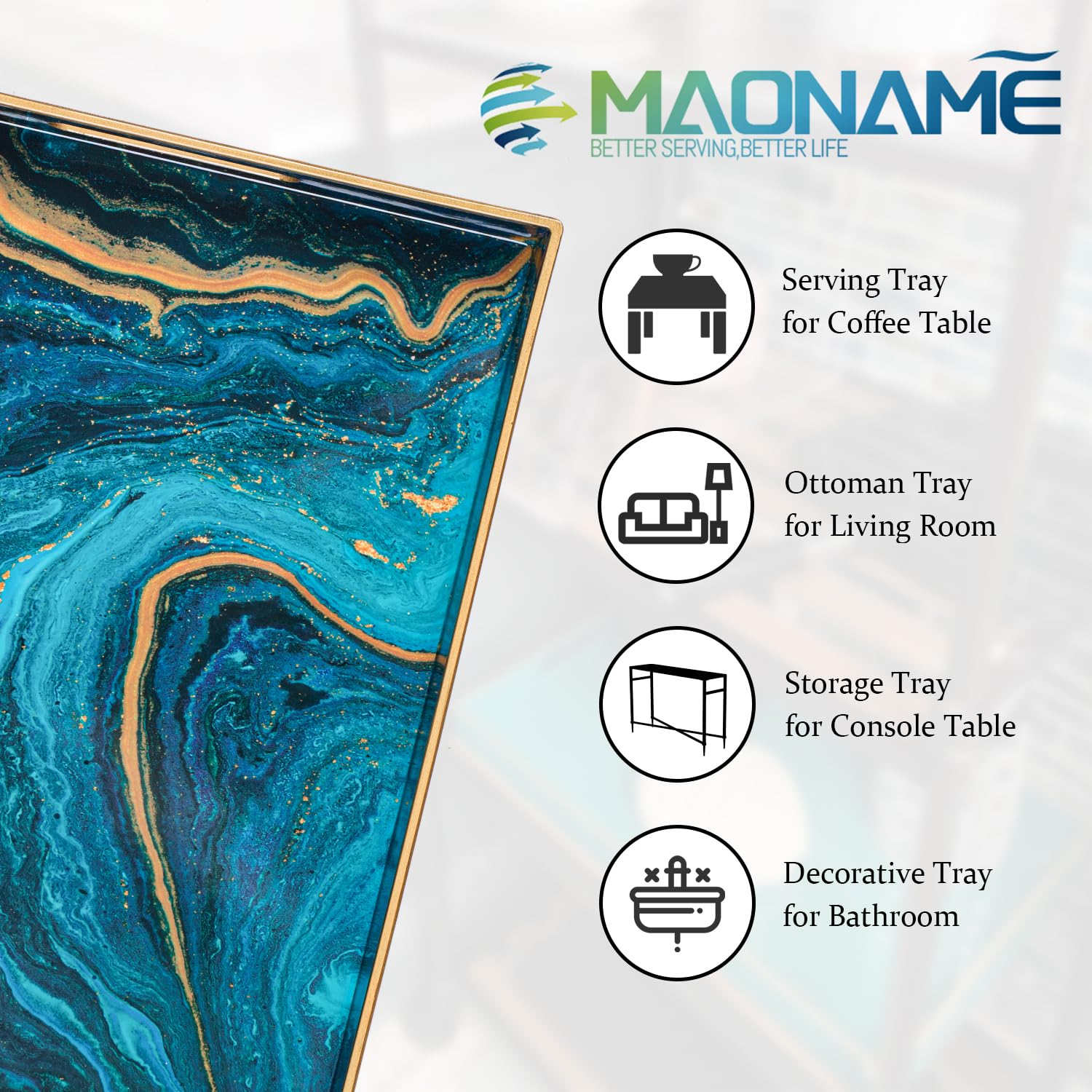 Maoname Plastic Decorative Tray, Marbling Tray With Handles, Rectangular Coffee Table Tray, Serving Tray For Ottoman, Bathroom,