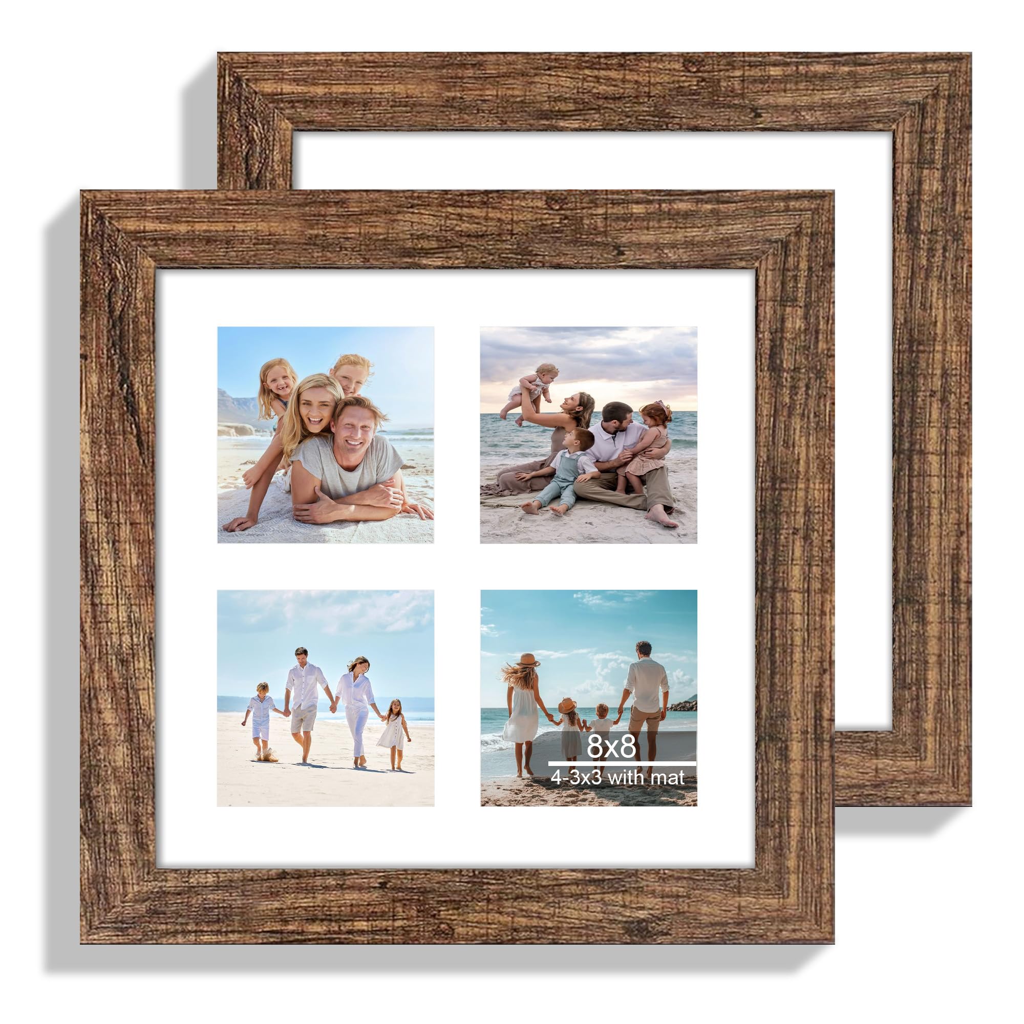 Hongkee 8x8 Picture Frame Set of 2, with Glass and Rustic Brown Wood Frames, Display Collage Four Opening 3x3 With Mat or 8 x 8 