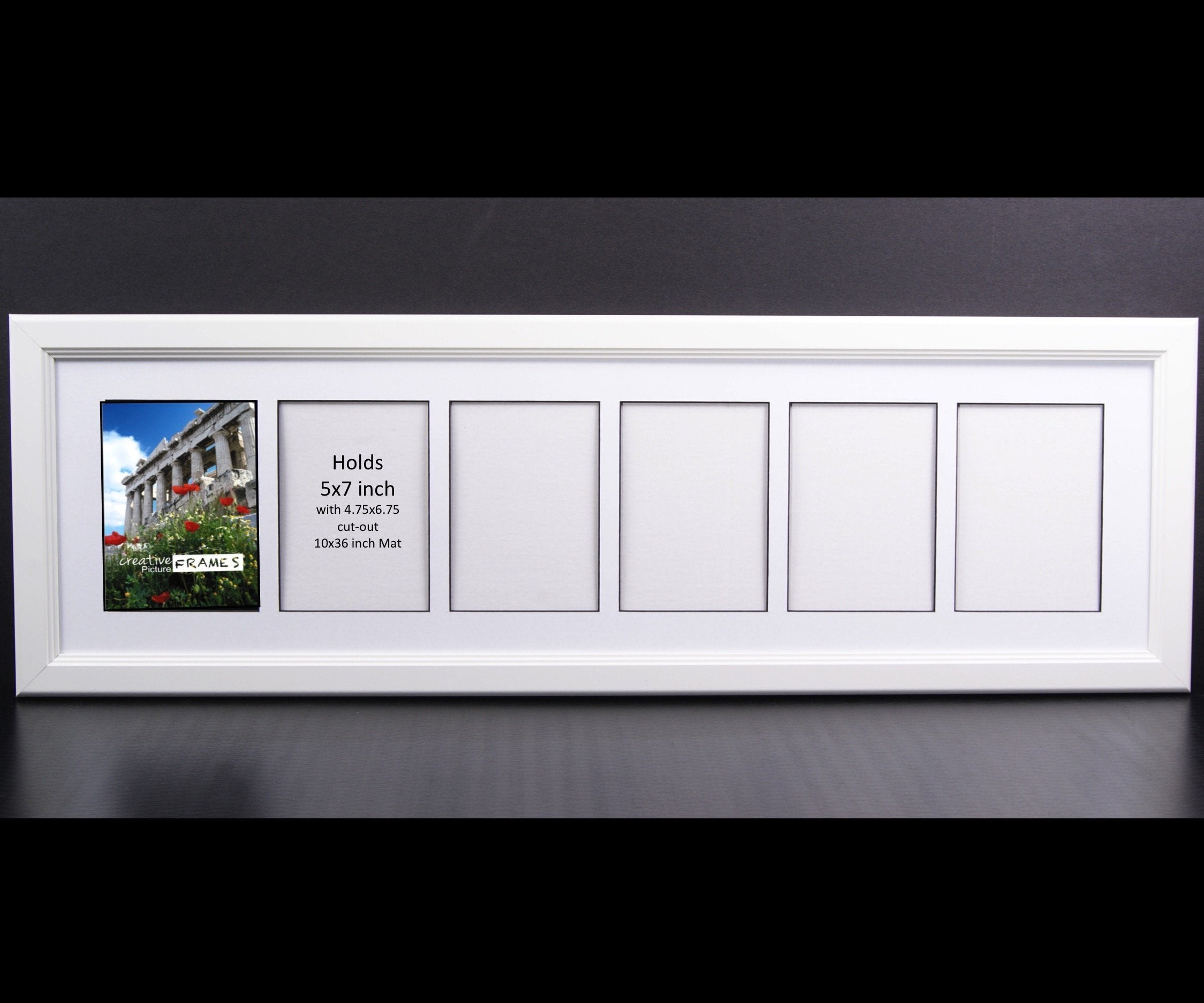 CreativePF 6 Opening Glass Face White Picture Frame to hold 5 by 7 inch Photographs including 10x36-inch White Mat Collage