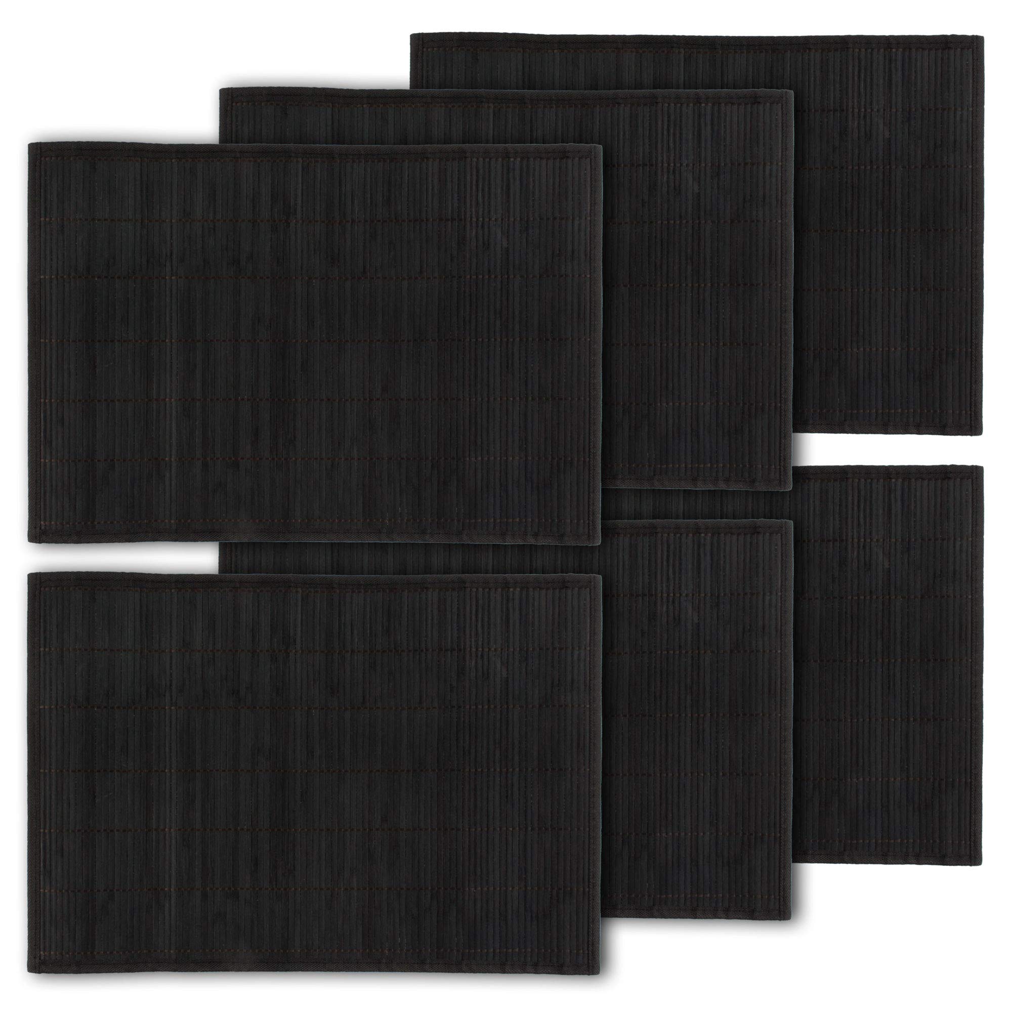 Bamboomn Bamboo Slats Placemat With Fabric Border - Solid Color Print - 18'' X 13'' - Black, 6 Pcs