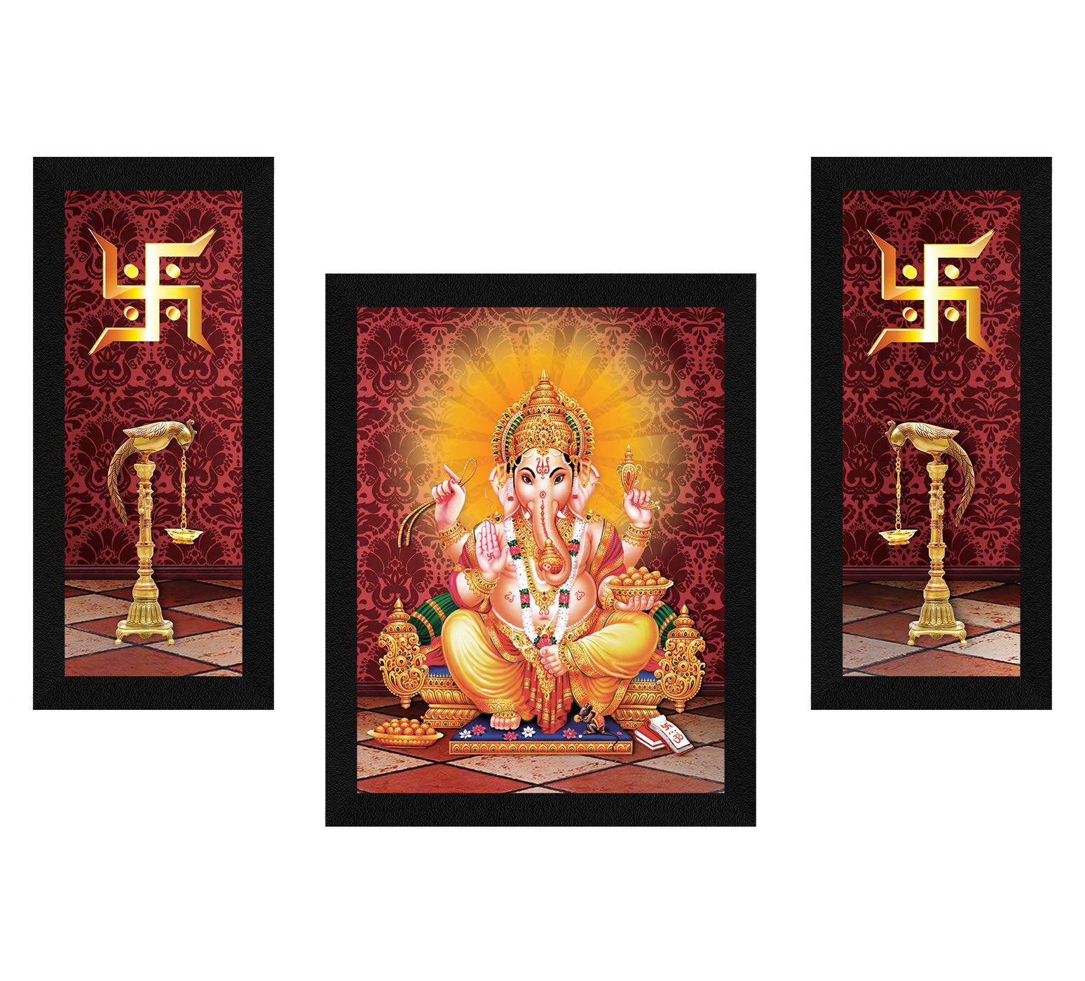 ArtX Paper God Ganesh Ji Swastika Photo Frame Wall Art Painting, Multicolor, Traditional, 13.0 X 22.0 Inches in, Set of 3
