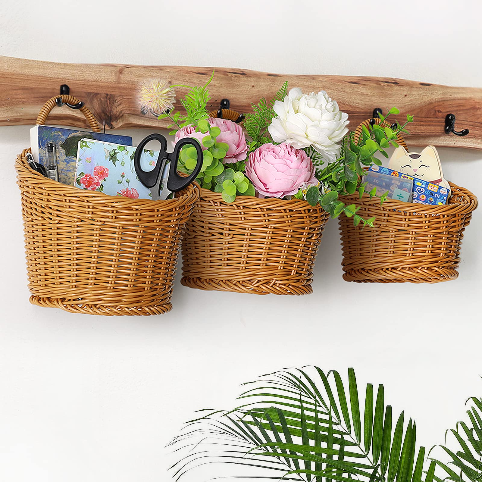 Acelist 3 Pack Woven Storage Basket, Boho Wall Hanging Basket, Retro Farmhouse Decor, Plastic Hanging Fruit Basket For Organizin
