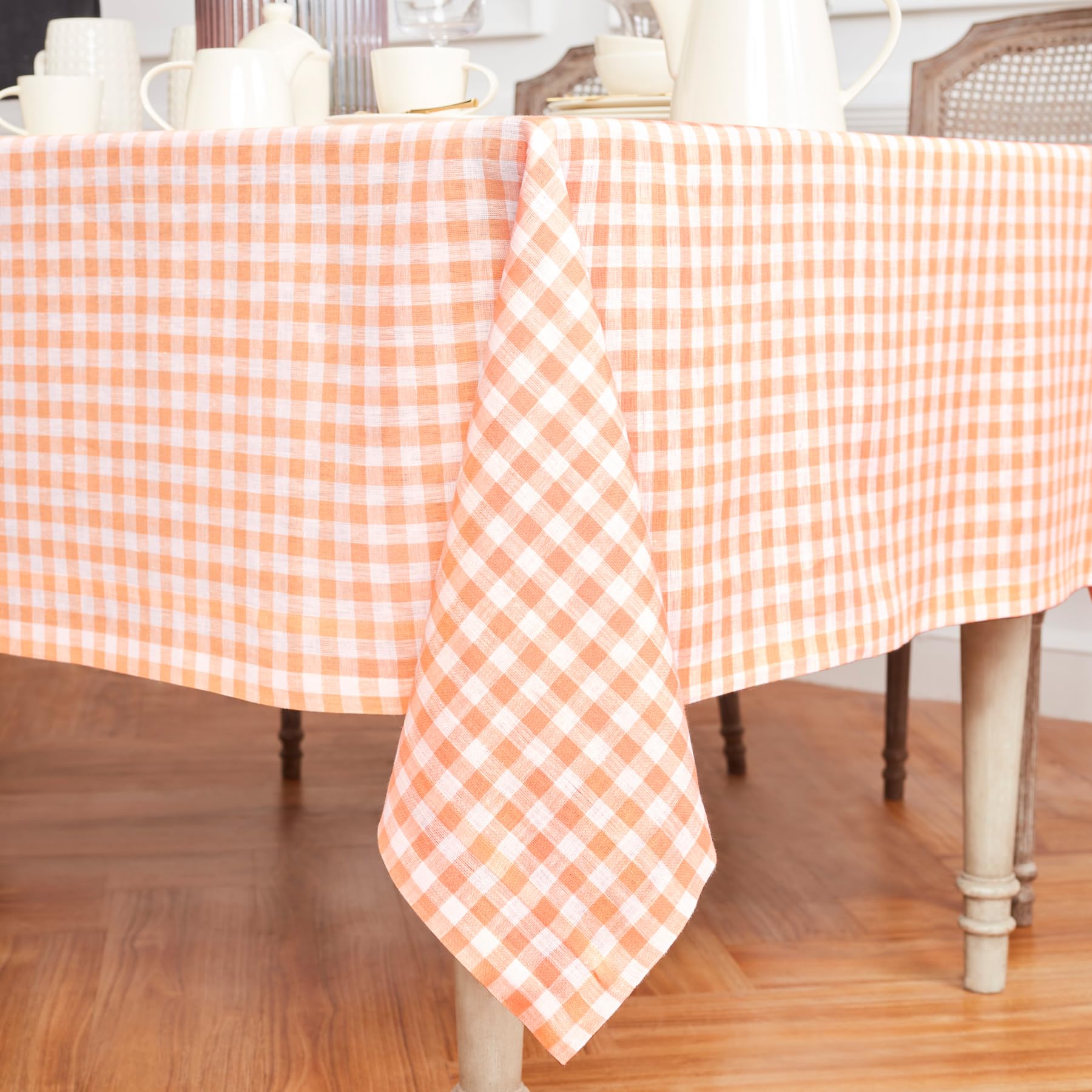 Solino Home Check Linen Tablecloth 108'' L X 60'' W Inch - 100% Pure Linen Sunny Orange Table Cloth For Rectangle Tables - Gingh