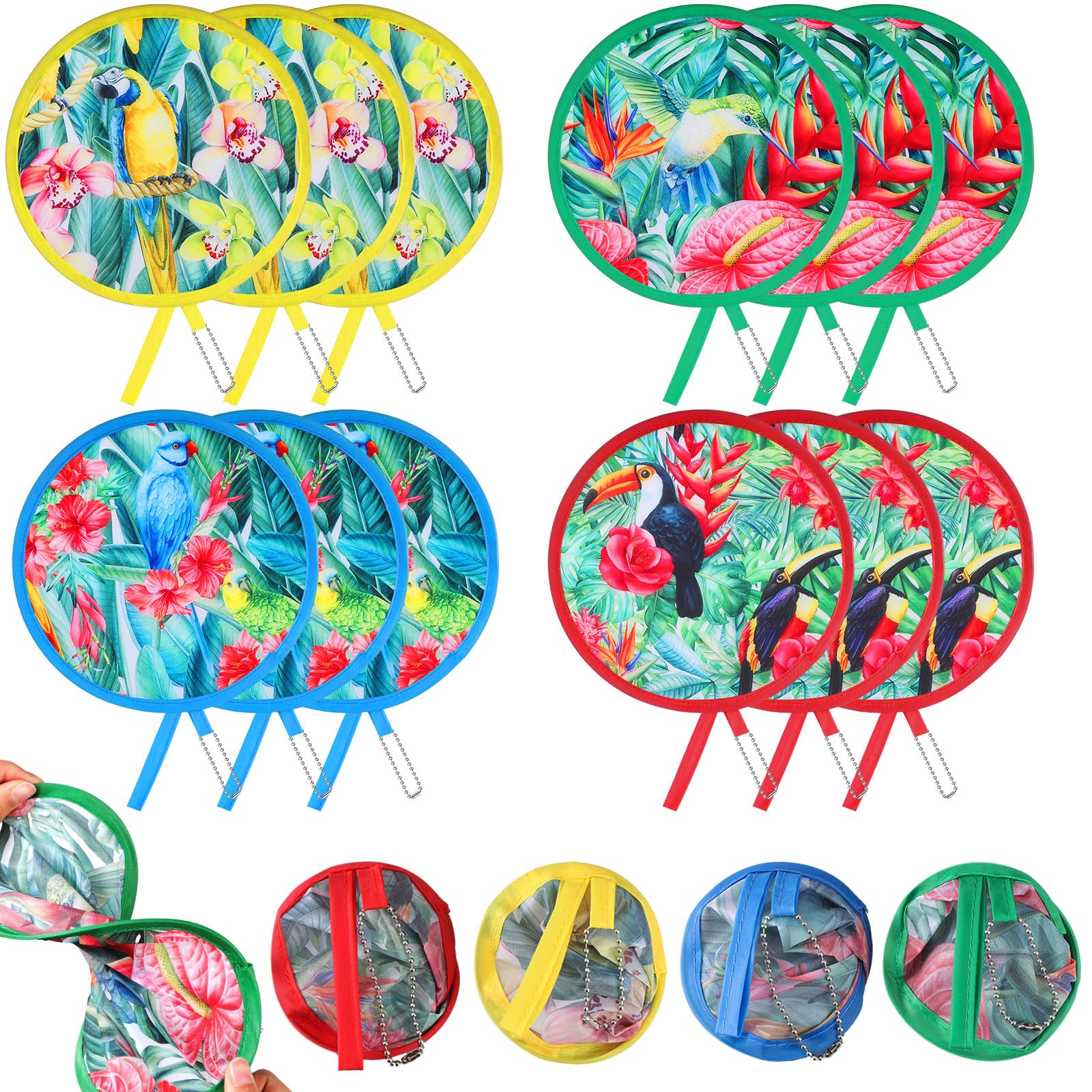 Marsui 12 Pcs Hawaiian Folding Hand Fans, Summer Round Collapsible Handheld Hand Fan, Tropical Luau Parrot Beach Party Favors, H