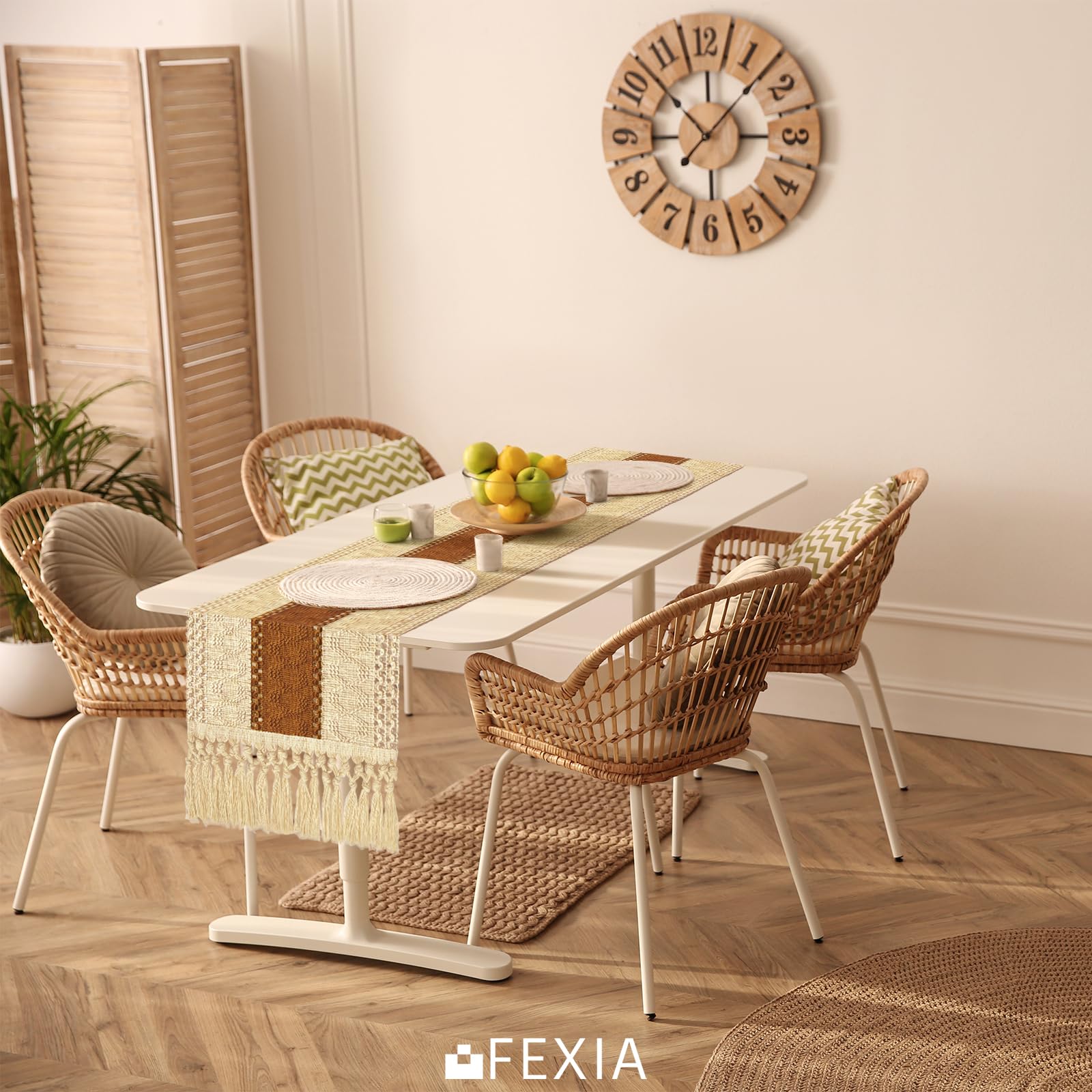 FEXIA Boho Table Runner for Home Decor with Tassels 60 Inches Long,Caramel Farmhouse Rustic Table Runner Macrame Burlap Table De