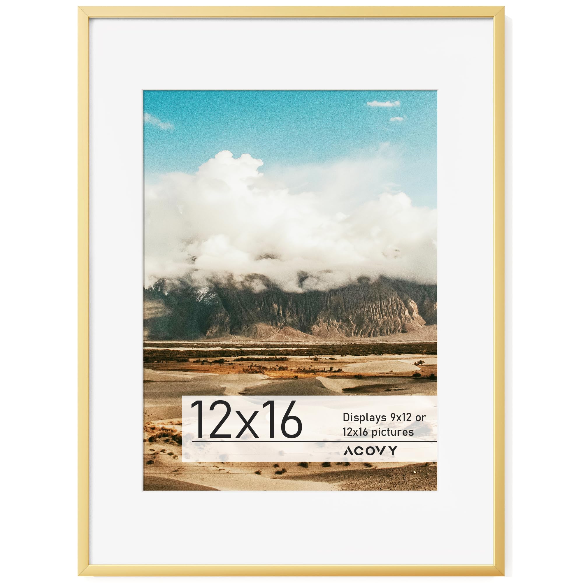 Acovy, 12x16 Aluminum Picture Frame with White Color Mat for 9x12, HD Tempered Glass, Metal Poster Frame Photo Frame for Wall Di