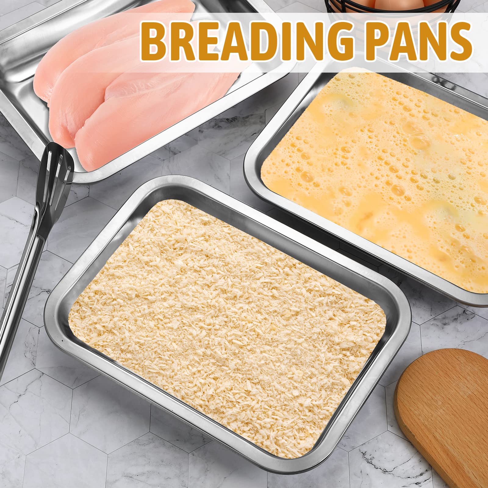 Breading Trays Set Of 3 Large 10.4 X 7.7 X 1.9 Inch Stainless Steel Breading Pans With Tong For Dredging Chicken Breasts And Mar