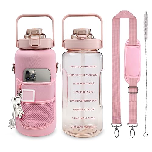 Chokoter Half Gallon Water Bottle with Sleeve  64OZ Motivational Water Bottle with Straw & Time Marker  BPA Free Leakproof Large Sports Water Bottle  Reusable Water Jug for Workout Gym Sport