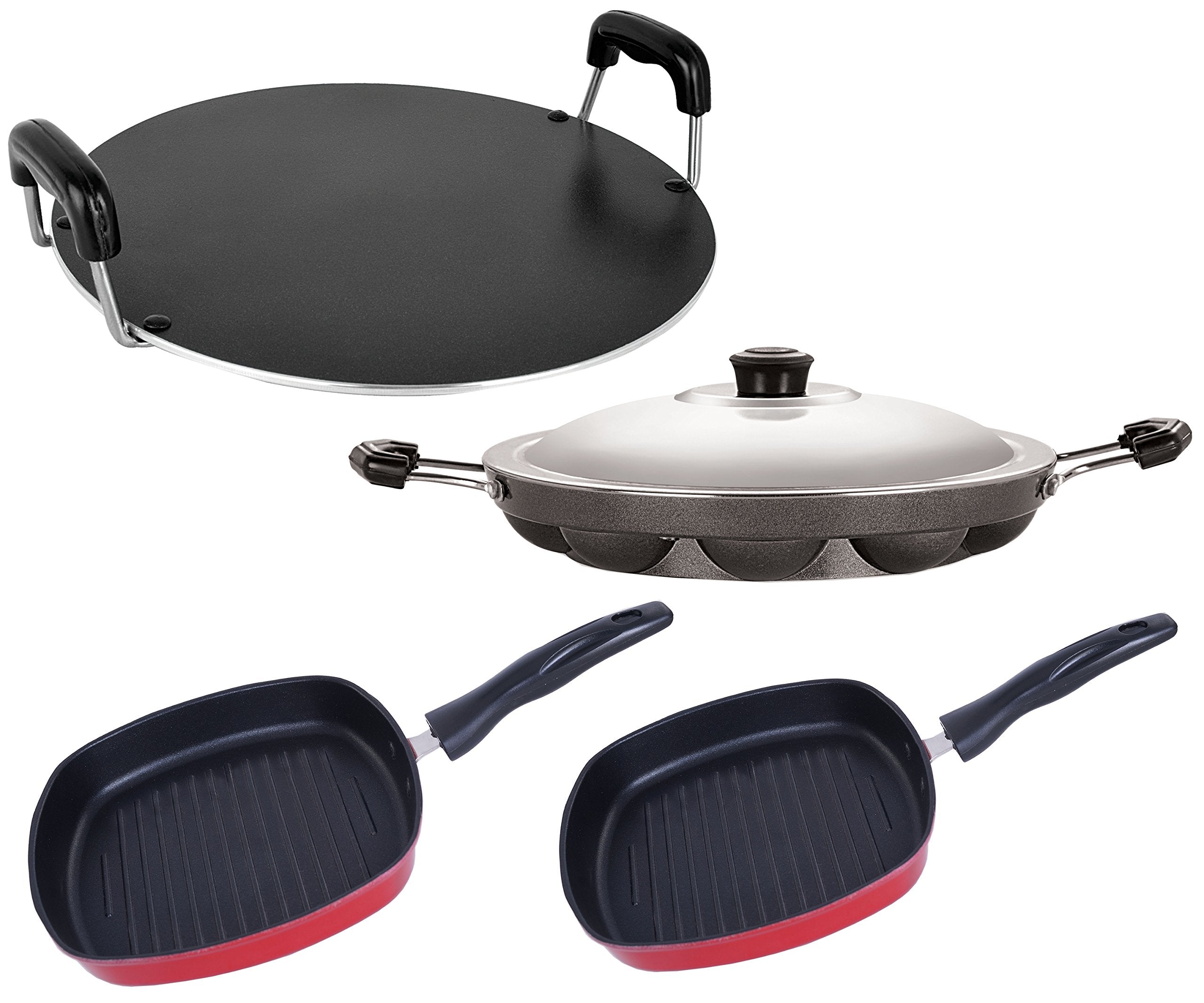 Nirlon NonStick Aluminum Cookware Set, 4Piece, Red And Black (Ap12_Gp22.5_Gp24_Rt)