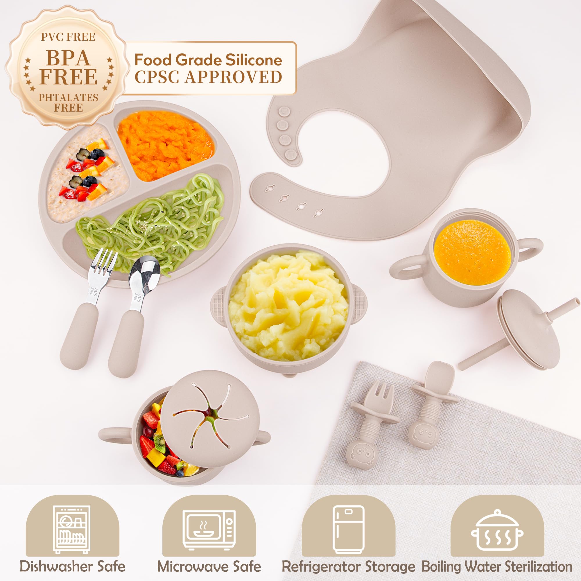 Bufims Silicone Baby Feeding Set, Baby Led Weaning Supplies, Eating Essentials Utensils with Suction Plate and Bowl, Pocket Bib,