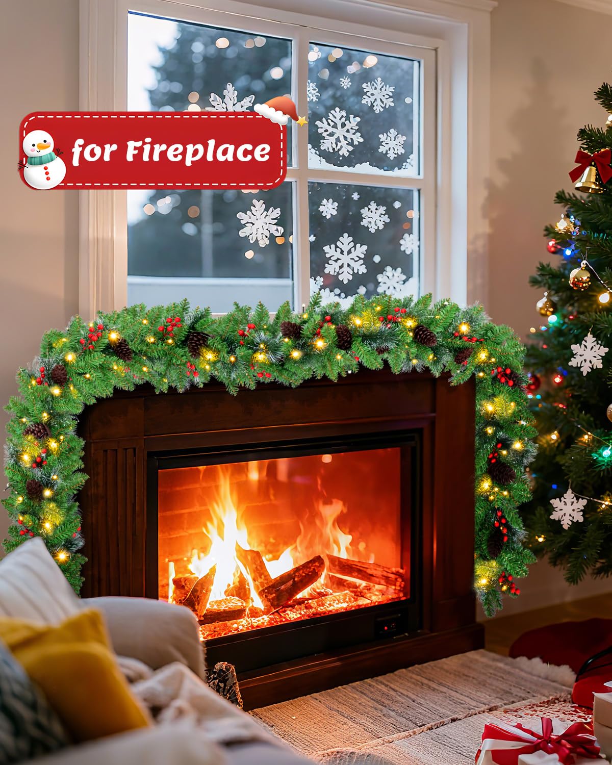 9ft Christmas Garland with Snow, Pinecones, Red Berry,50 Battery Operated Soft White LED Lights with Timer,Artificial Holiday De