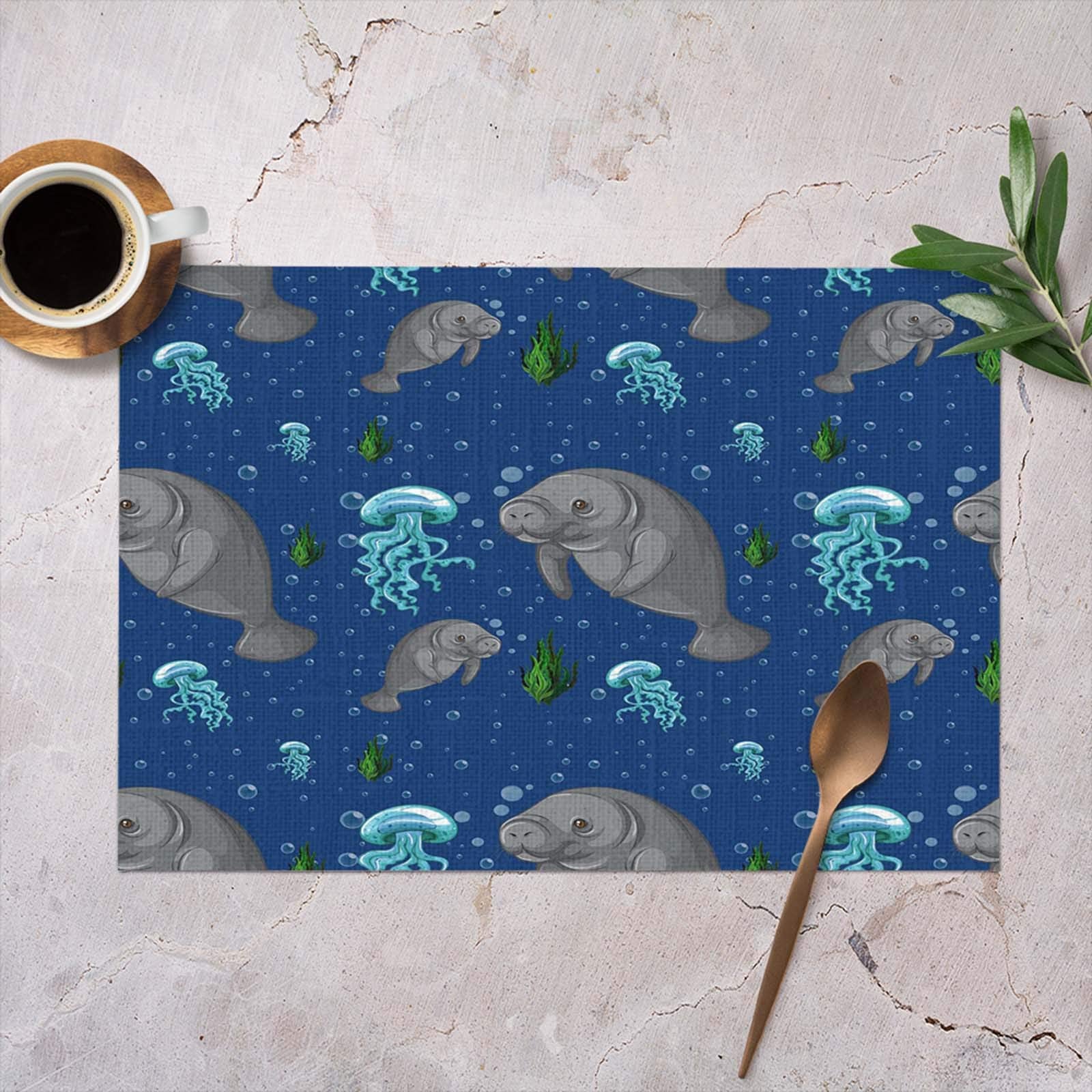 Hosnye Manatee Placemats For Kitchen Dining Table Set Of 4 Seamless Background With Tropical Sea Wildlife Manatee Underwater Lin
