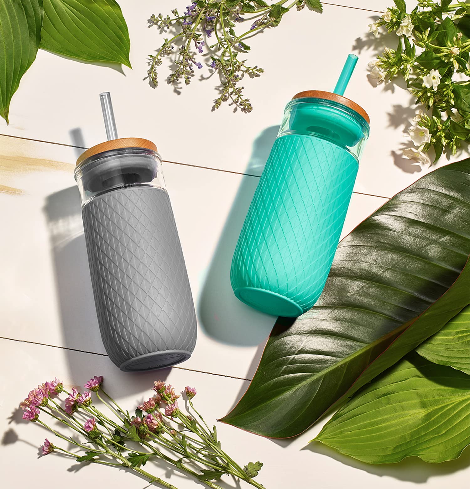 Ello Devon Glass Tumbler, Protective No Sweat Silicone Sleeve And Splash Proof Wooden Detail Lid With Straw, 18 Oz