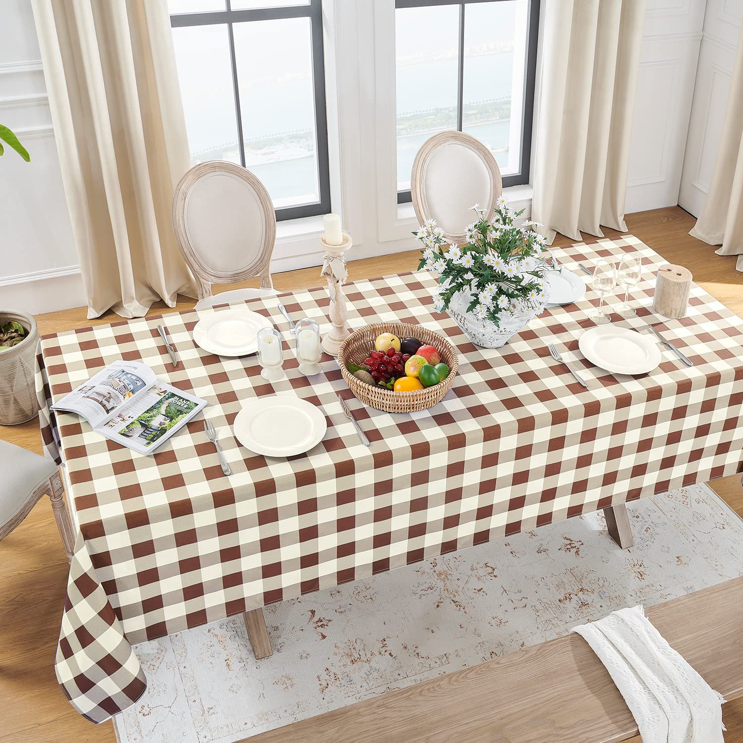 Softalker Fall Gingham Checkered Rectangle Tablecloth - Waterproof Buffalo Plaid Table Cloth Stain Resistant Washable Polyester Table Cover for Holiday/Dining/Party - Coffee and White  54 x 120 Inch