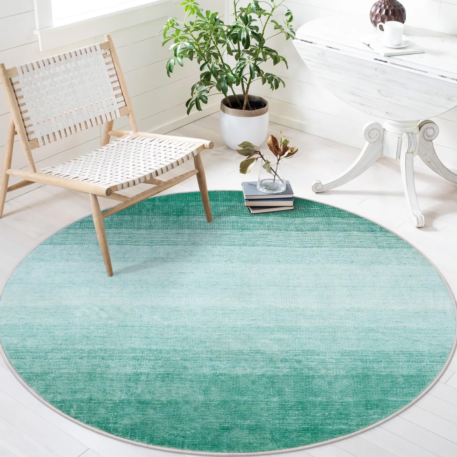 Wonnitar Modern Ombre Washable Round Rug 4ft, Non-Slip Green Round Bathroom Throw Mat, Contemporary Soft Non-Shedding Bedside In