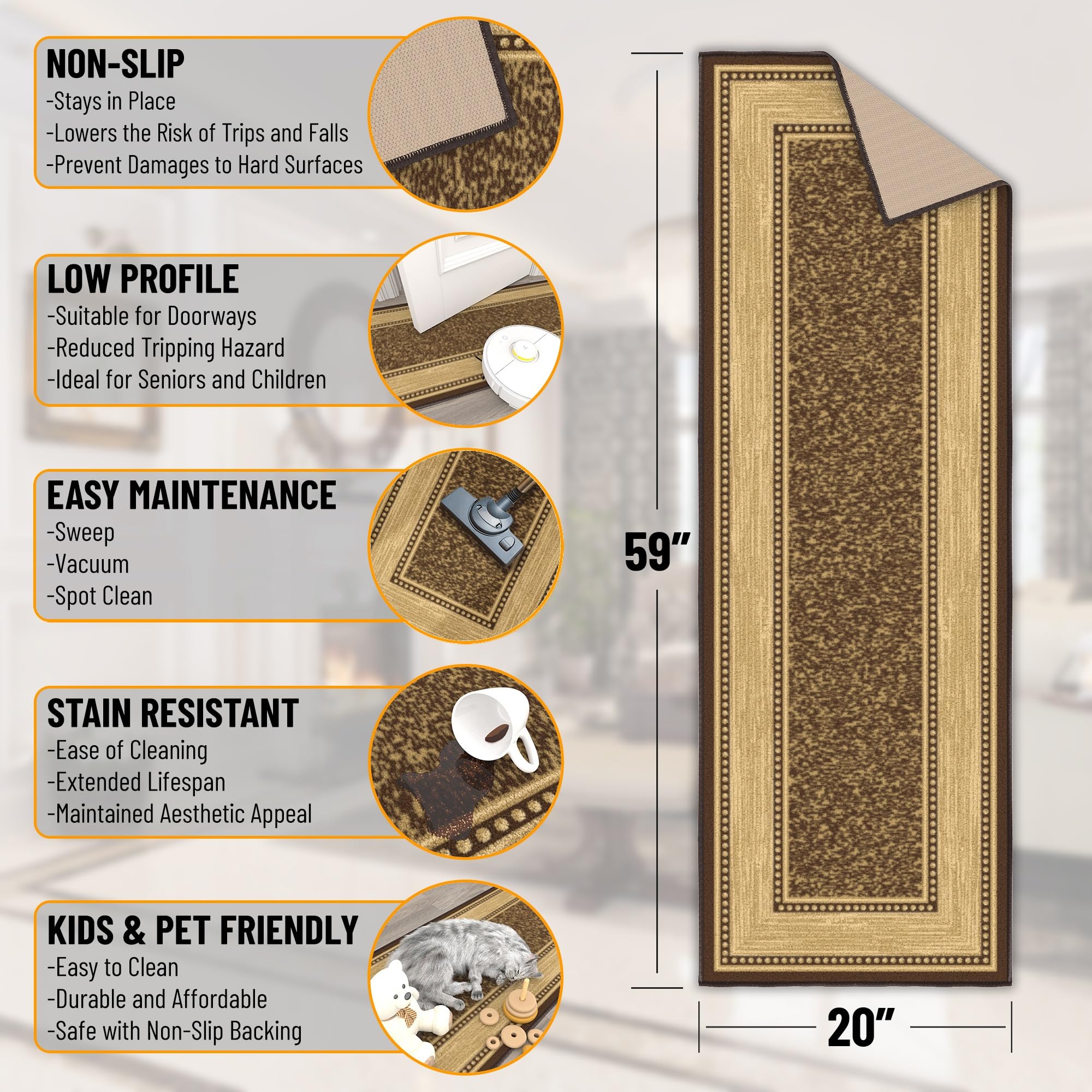 Ottomanson Hallway Runner Rug 20 x 59 Non Slip Border Area Rugs Easy to Clean Laundry Rug Runner Durable & Pet Friendly Floor Ca