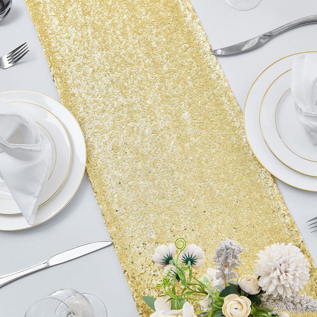 6 Packs 12 x 72 inches Gold Sequin Table Runner  Glitter Runner for Birthday Party Supplies Decorations Wedding Bachelorette Holiday Celebration Bridal Shower Baby Shower