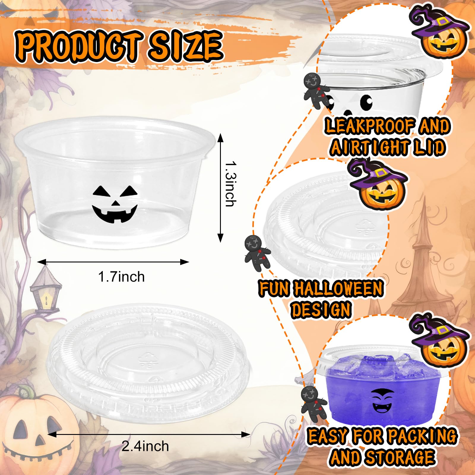 JarThenaAMCS 200Pcs 2 Oz Halloween Jelly Plastic Portion Containers Shot Cups with Lids Pumpkin Ghost Skeleton Monster Mini Sauc