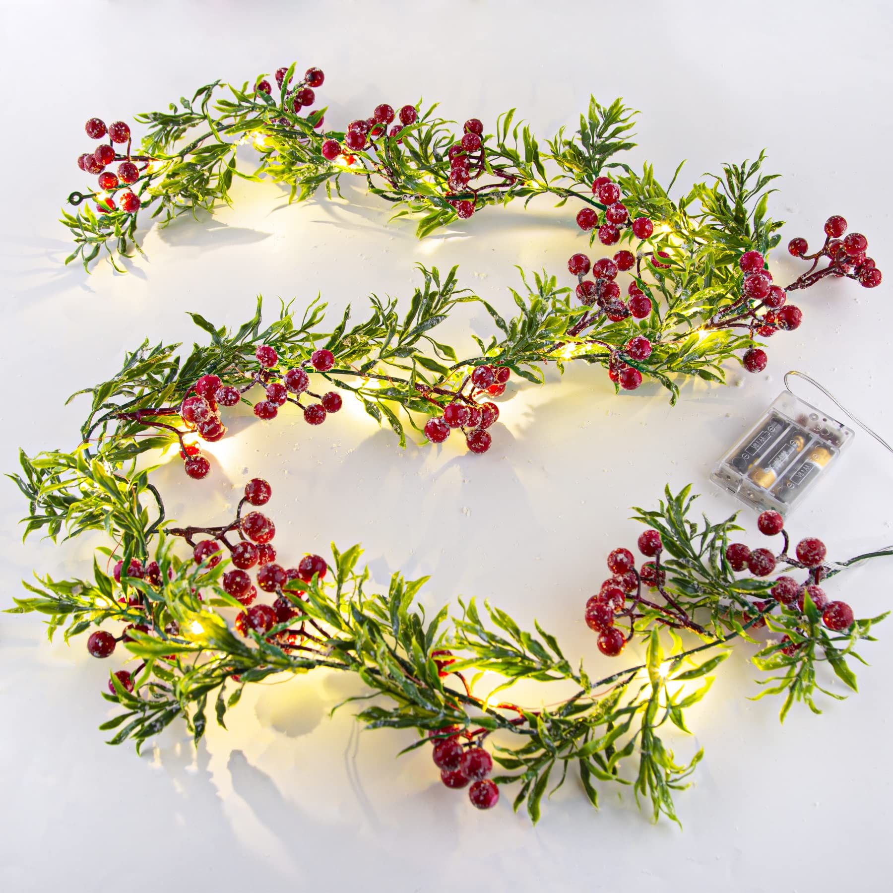 5.9FT Artificial Christmas Garland String Lights with 162 Snowy Red Berries 55 Green Leaves 20 LED Lights Battery Operated for X