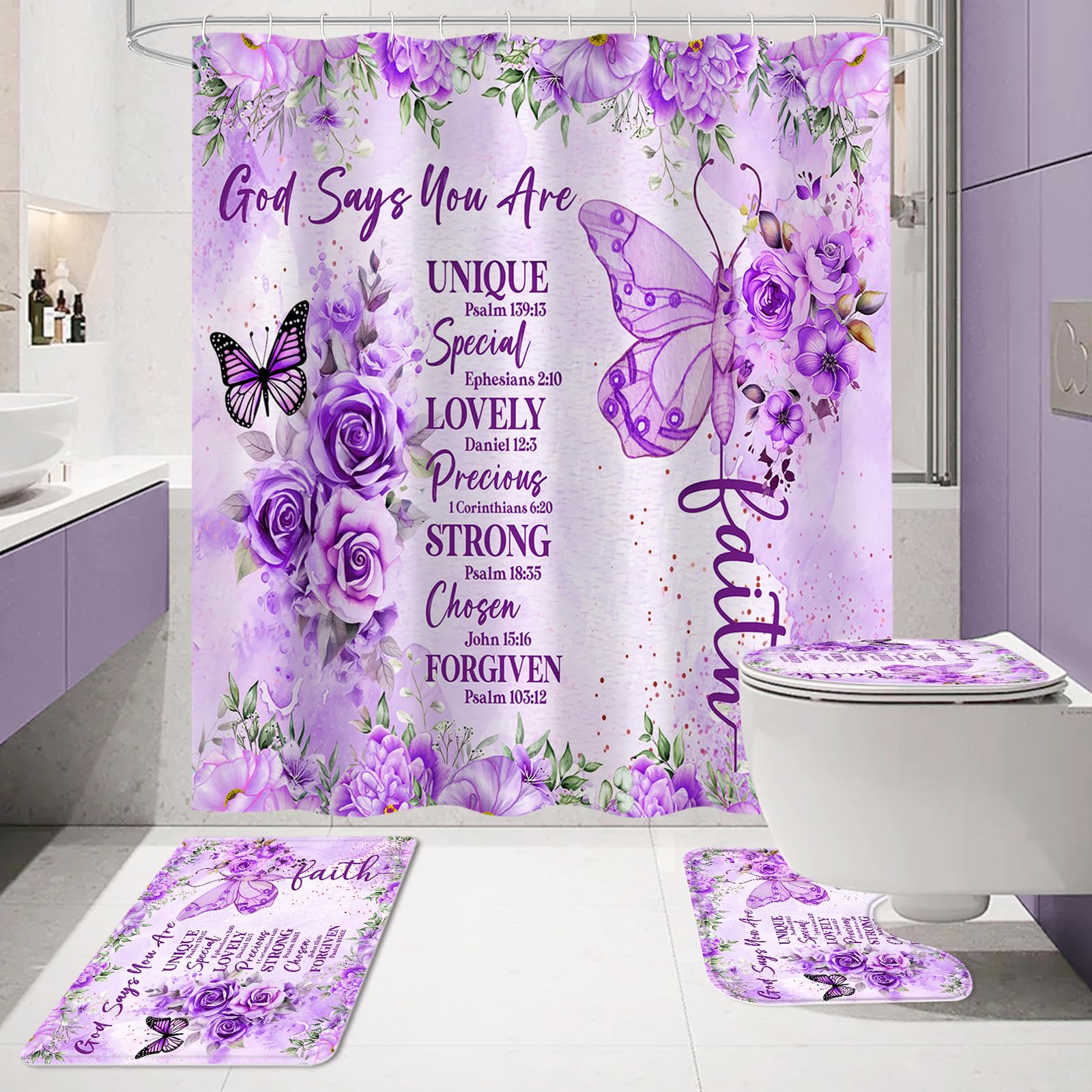 Litabel 4 Pcs Purple Butterfly Inspirational Quotes Shower Curtain Set With Rugs And Toilet Lid Cover, Colorful Boho Waterproof
