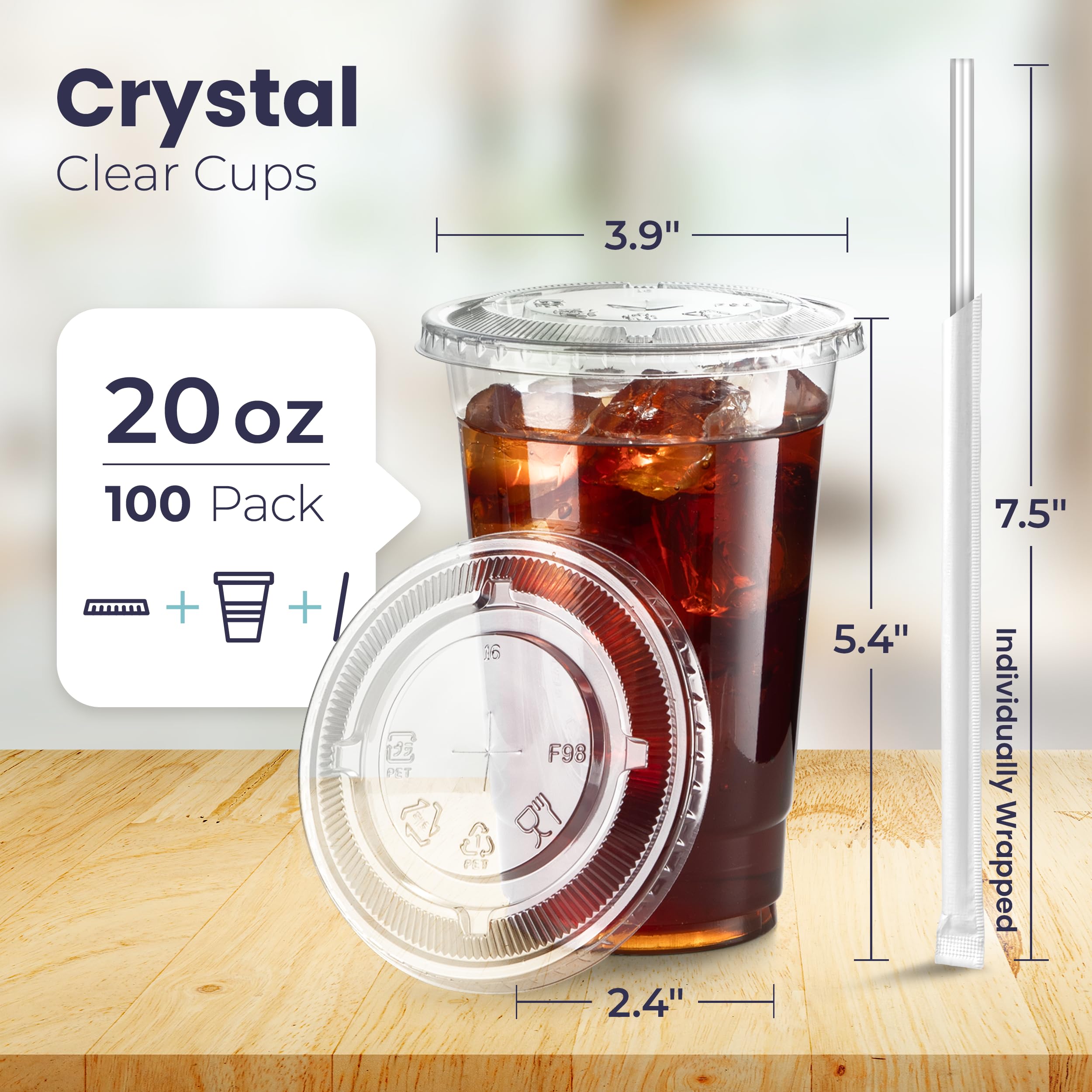 [100 Pack] 20 oz Clear Plastic Cups with Flat Lids and Clear Straws  Disposable Iced Coffee Cups  BPA Free Crystal Lemonade Cup for Party  Smoothie  Cold Drinks  Juice  Milkshake  Bubble Boba  Tea