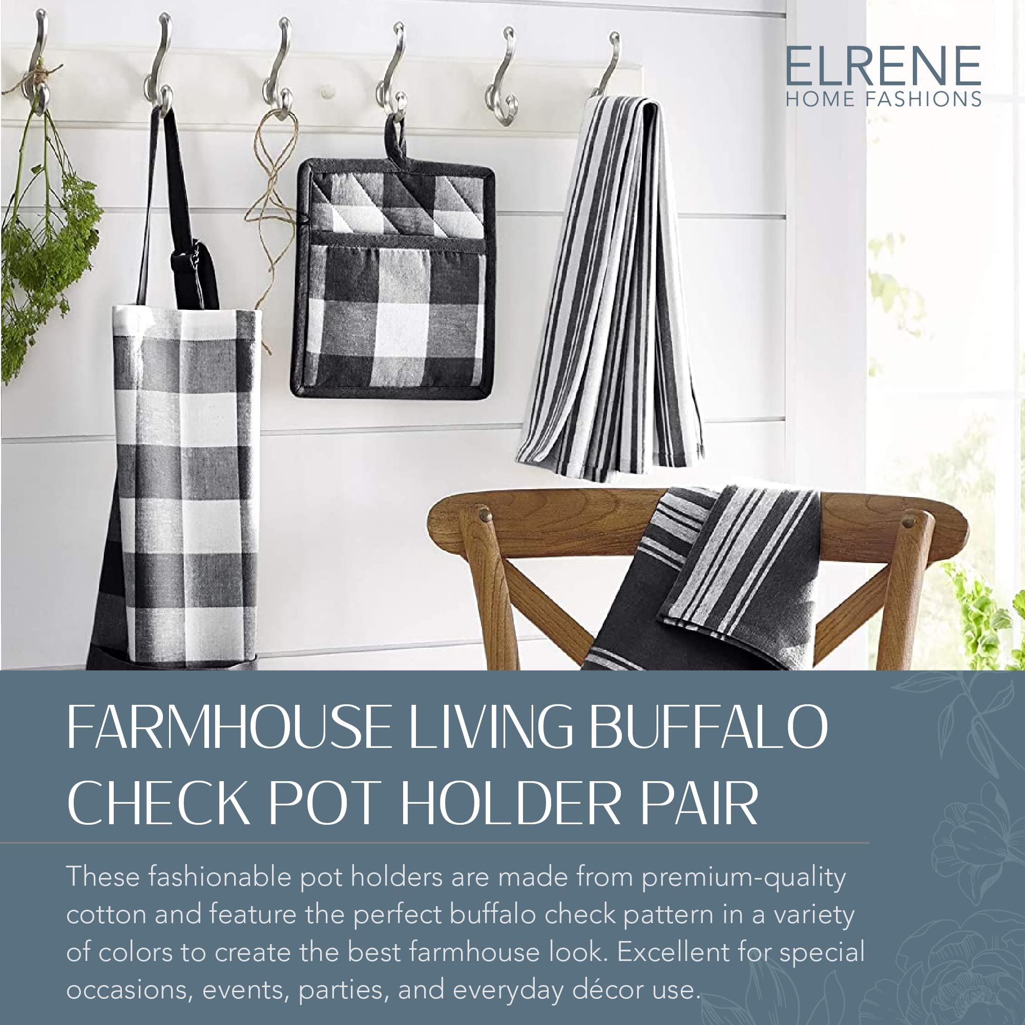 Elrene Home Fashions Farmhouse Living Buffalo-Check Pot-Holder Set, Rustic Pot Holders For Kitchen, Set Of 2, 8'' X 9'', Black/W