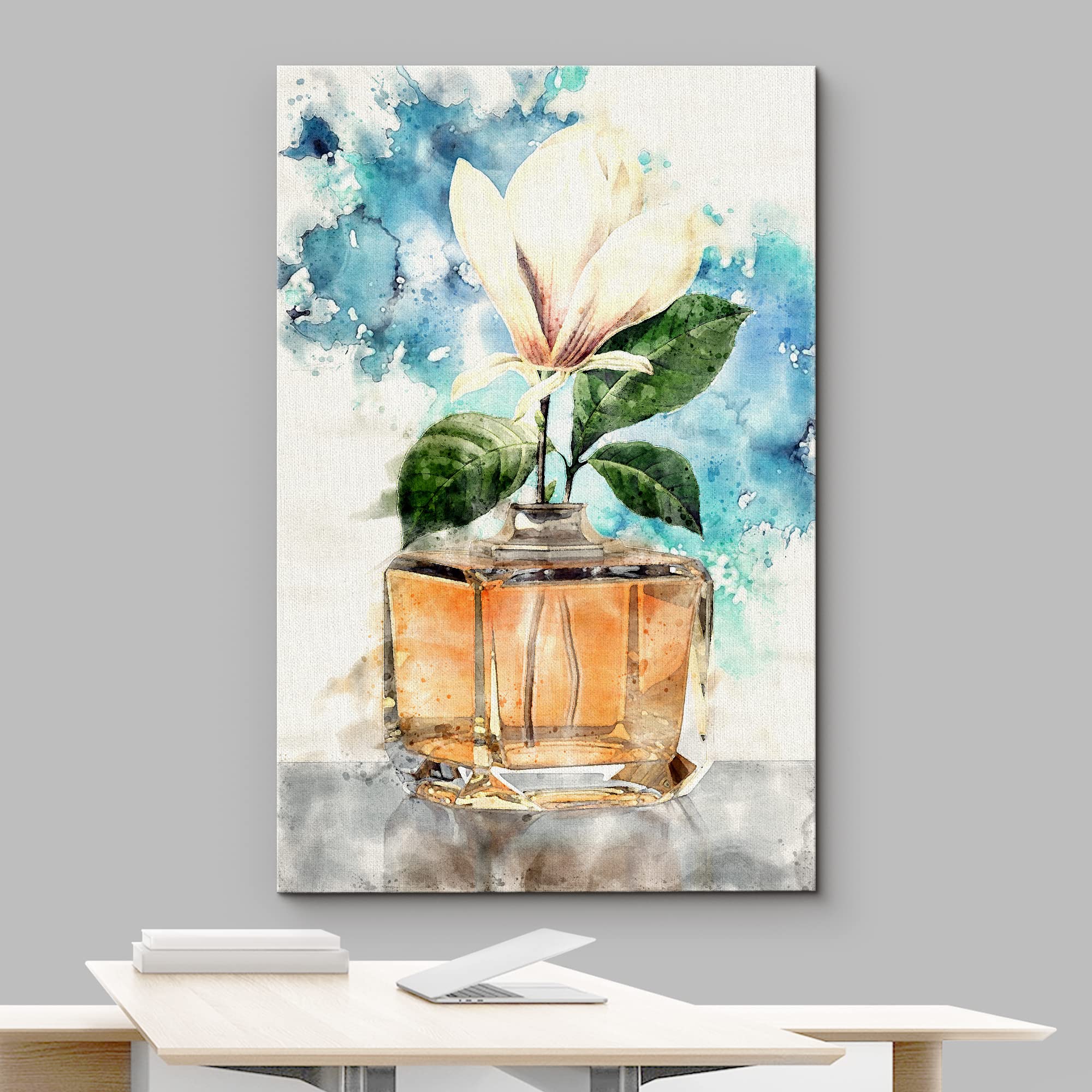 Wall26 Canvas Print Wall Art Orange Perfume Bottle With White Magnolia Flower Pop Culture Fashion Watercolor Modern Art Glam Mul