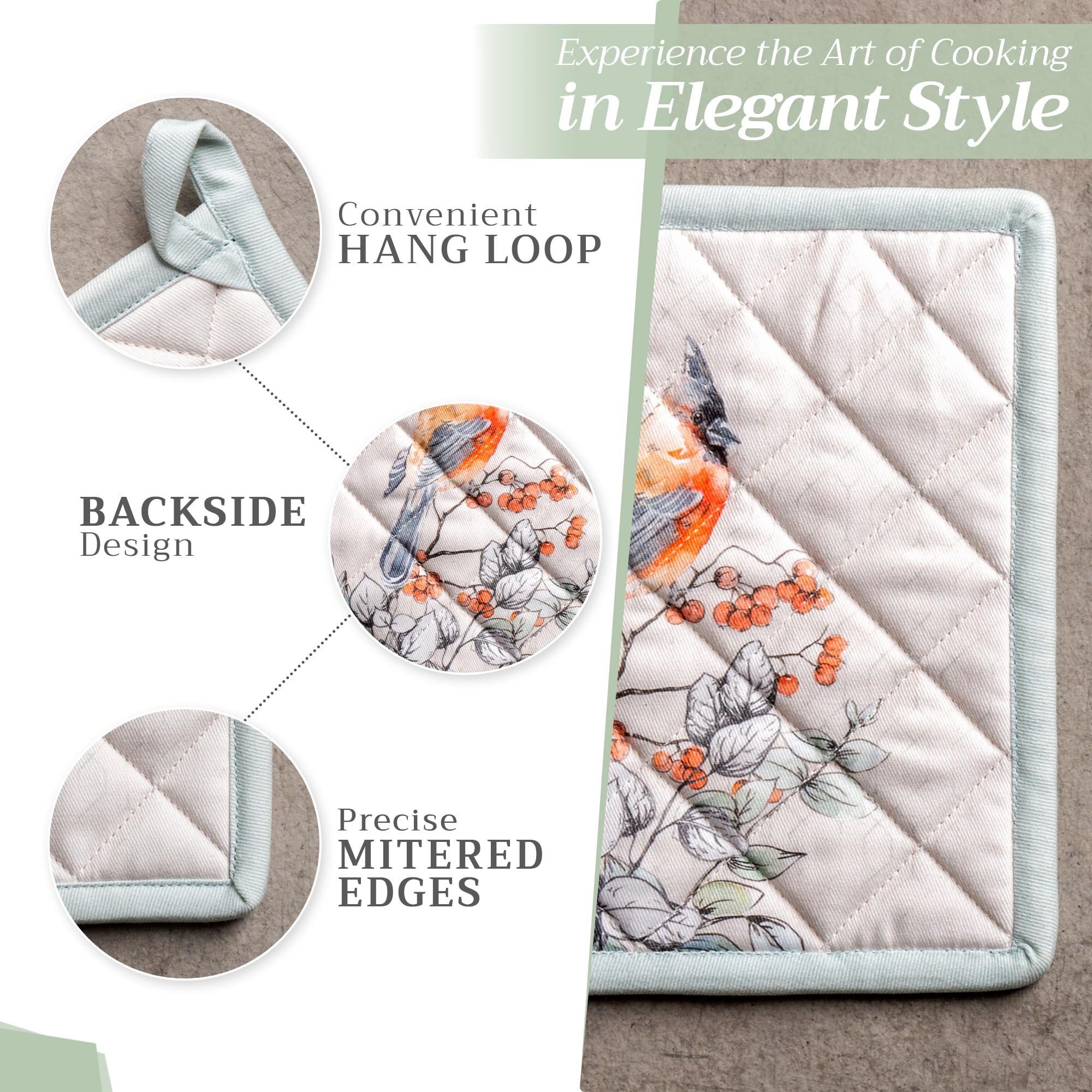 Maison d' Hermine Hot Pads 100% Cotton Pot Holders with Hanging Loop Potholder  Heat Resistant for Gifts  BBQ  Grilling & Barbeque  Whitish Shabby Chique - Thanksgiving/Christmas (8''x8'')