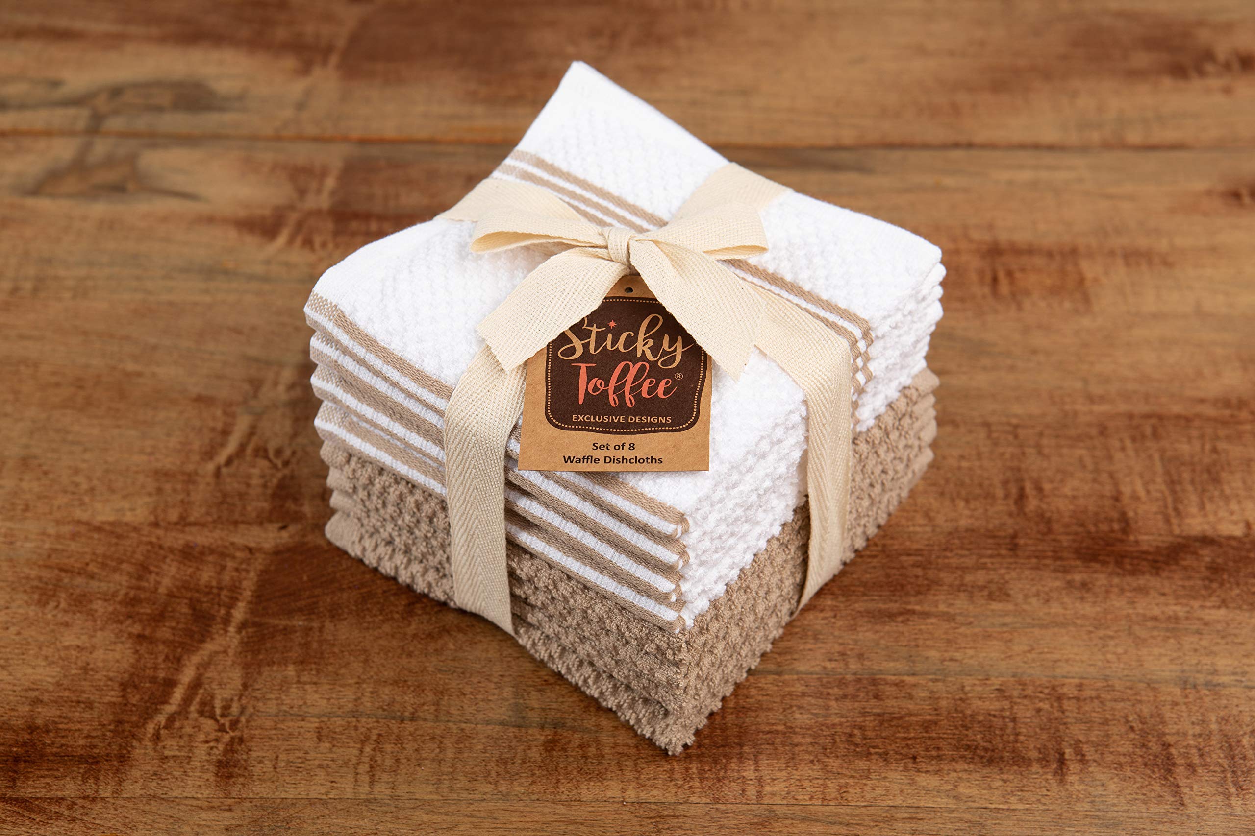 Kitchen Towels Dishcloths 100% Cotton, Set Of 8, Tan And White Dish Cloth Towels, Tea Towels, Reusable And Absorbent Cleaning Cl