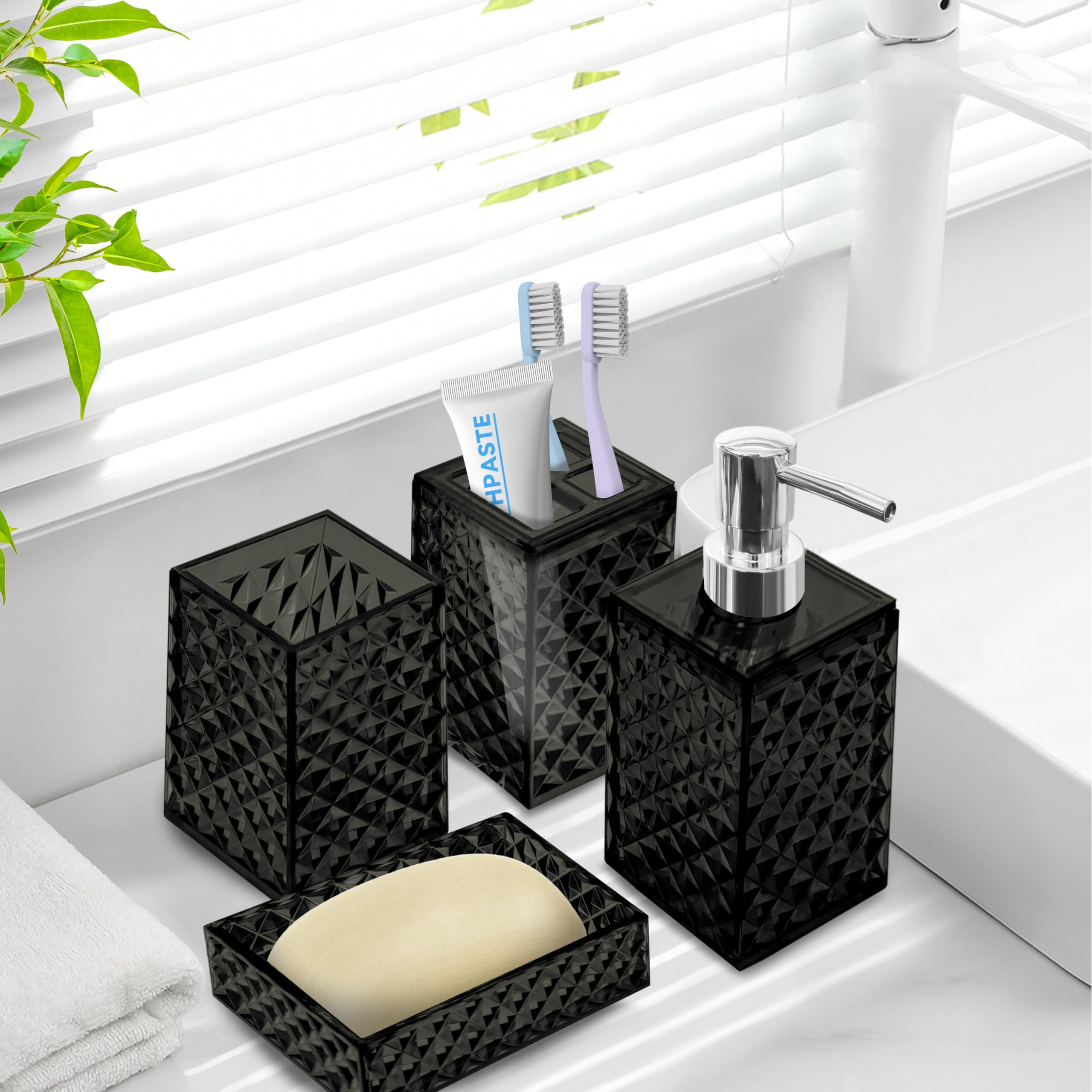 Seeatoo Bathroom Accessory Set - 4 Pcs Black Plastic Accessories, Soap Dispenser, Toothbrush Holder, Boho Decor, Model: Seeatoo-407H