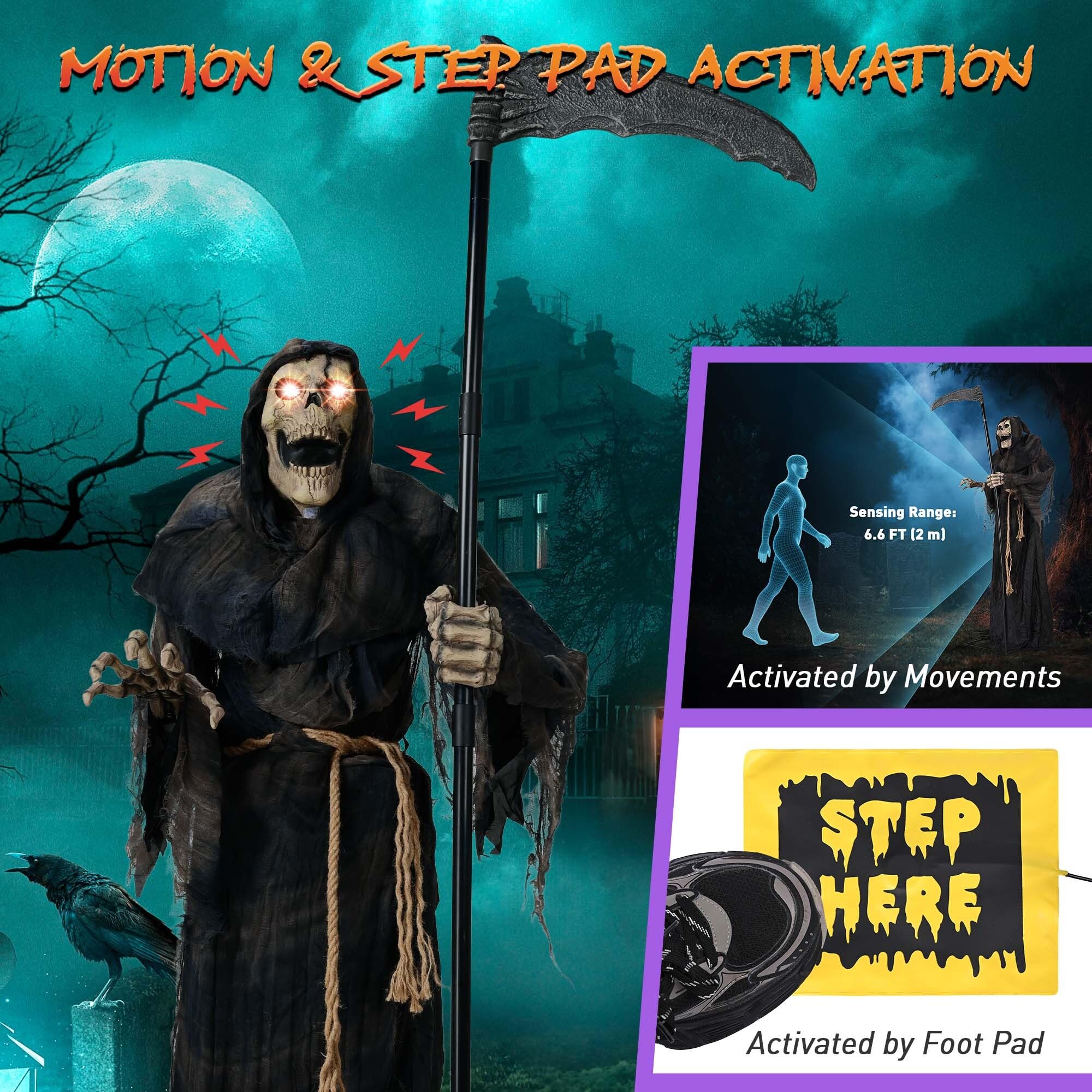 AW Halloween Animated Grim Reaper with Scythe Motion Sensor Glowing Eyes Spooky Sounds Volume Control AC Powered 100V-240V for O