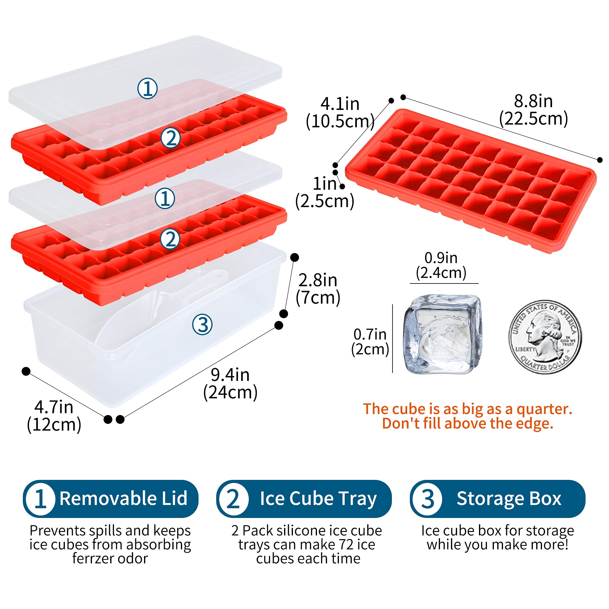 Food-Grade Silicone Ice Cube Tray With Lid And Storage Bin For Freezer, Easy-Release 2 * 36 Small Nugget Ice Trays 1 Ice Bucket