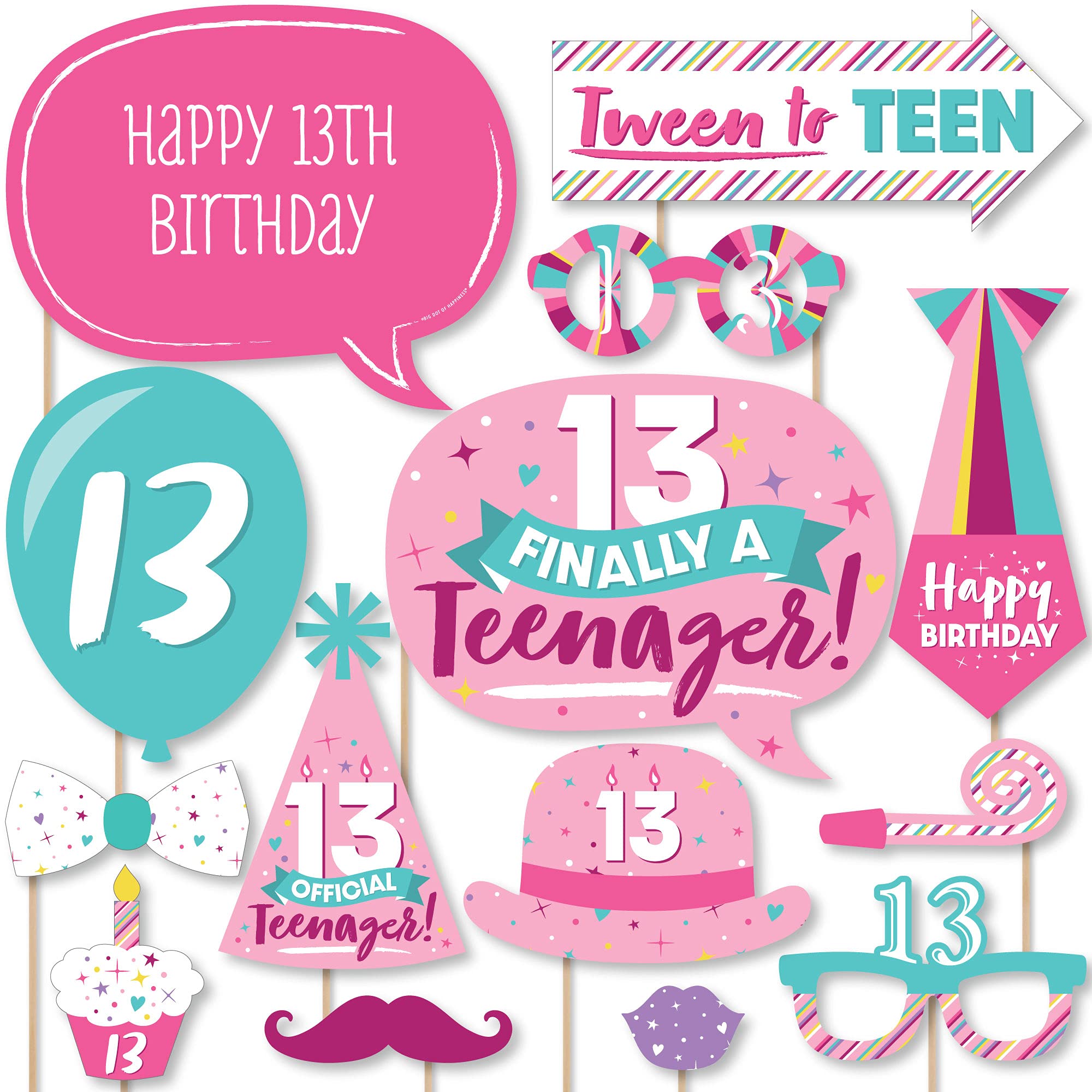 Big Dot Of Happiness Girl 13Th Birthday - Official Teenager Birthday Party Photo Booth Props Kit - 20 Count