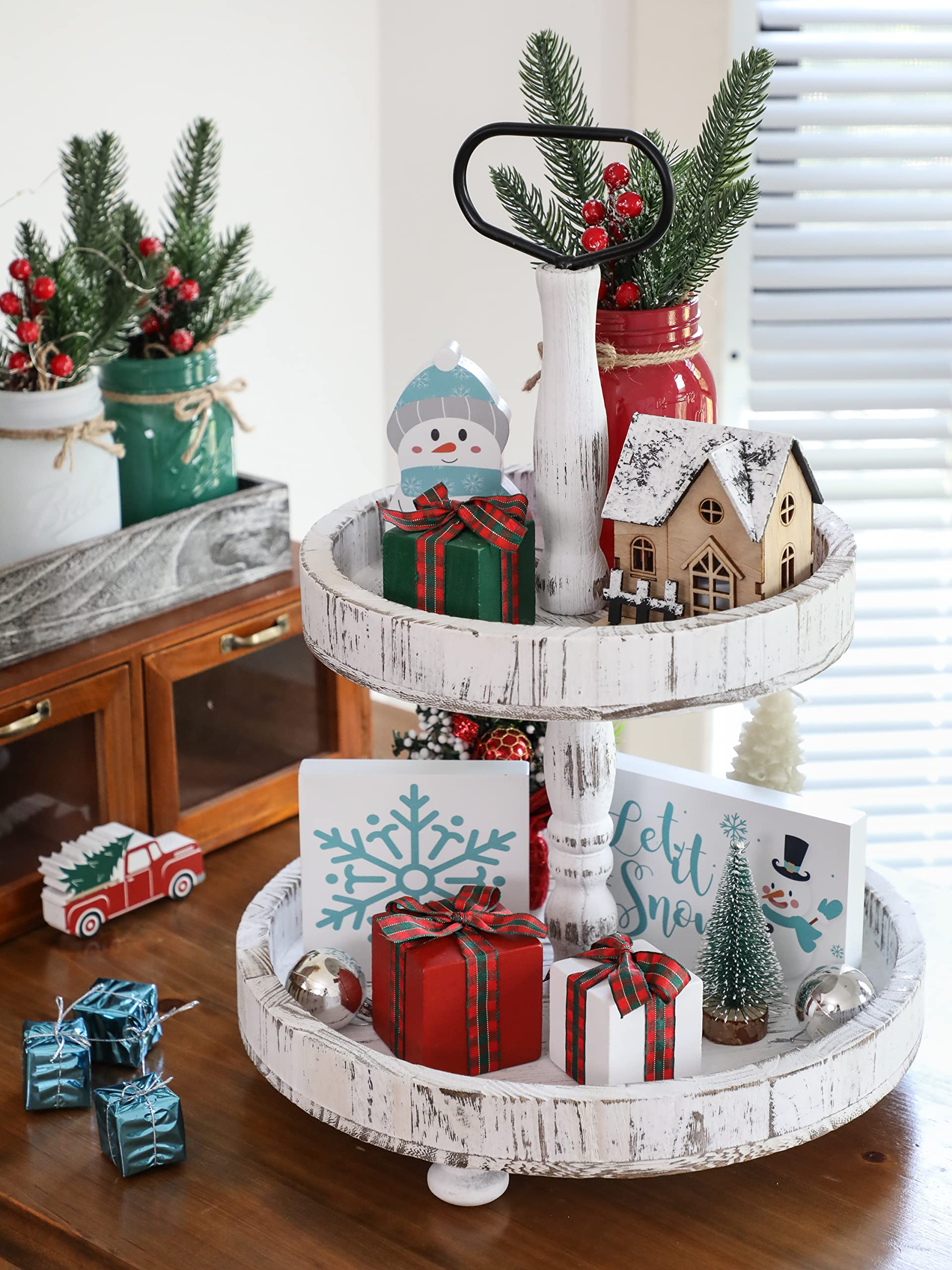 Christmas Tiered Tray Decor Set of 3 Mini Wood Small Table Decor Shelf d  cor (Buffalo Plaid 1)