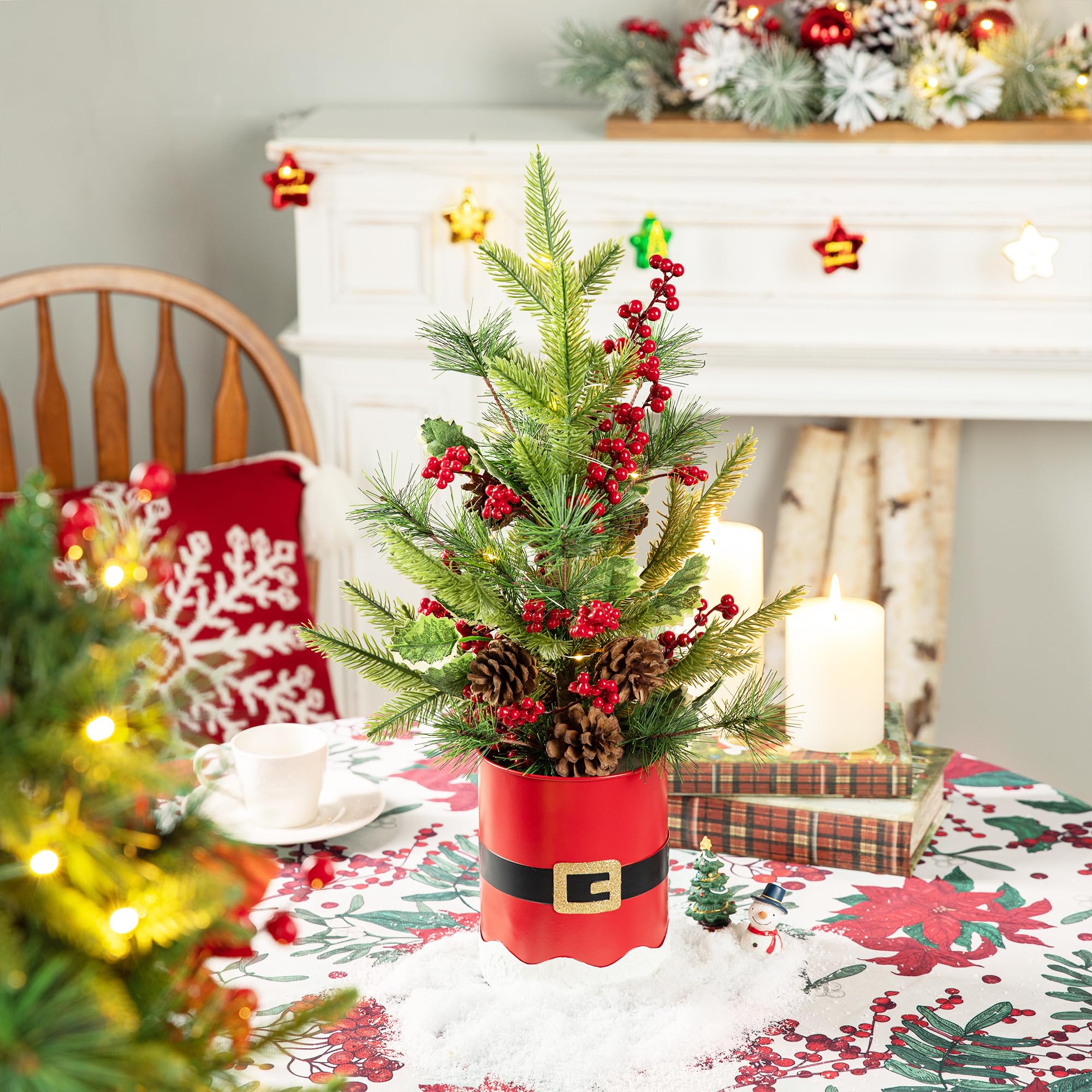 Glitzhome Lighted Christmas Tree for Tabletop Decorations 21 H Mini Artificial Christmas Santa Belt Potted Table Trees with Meta