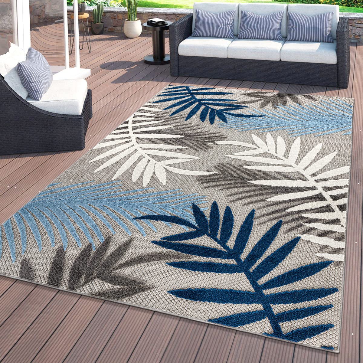 Rugshop Evora Palm Frond Non-Shedding Patio Deck Backyard Indoor/Outdoor Area Rug 710 x 10 Blue