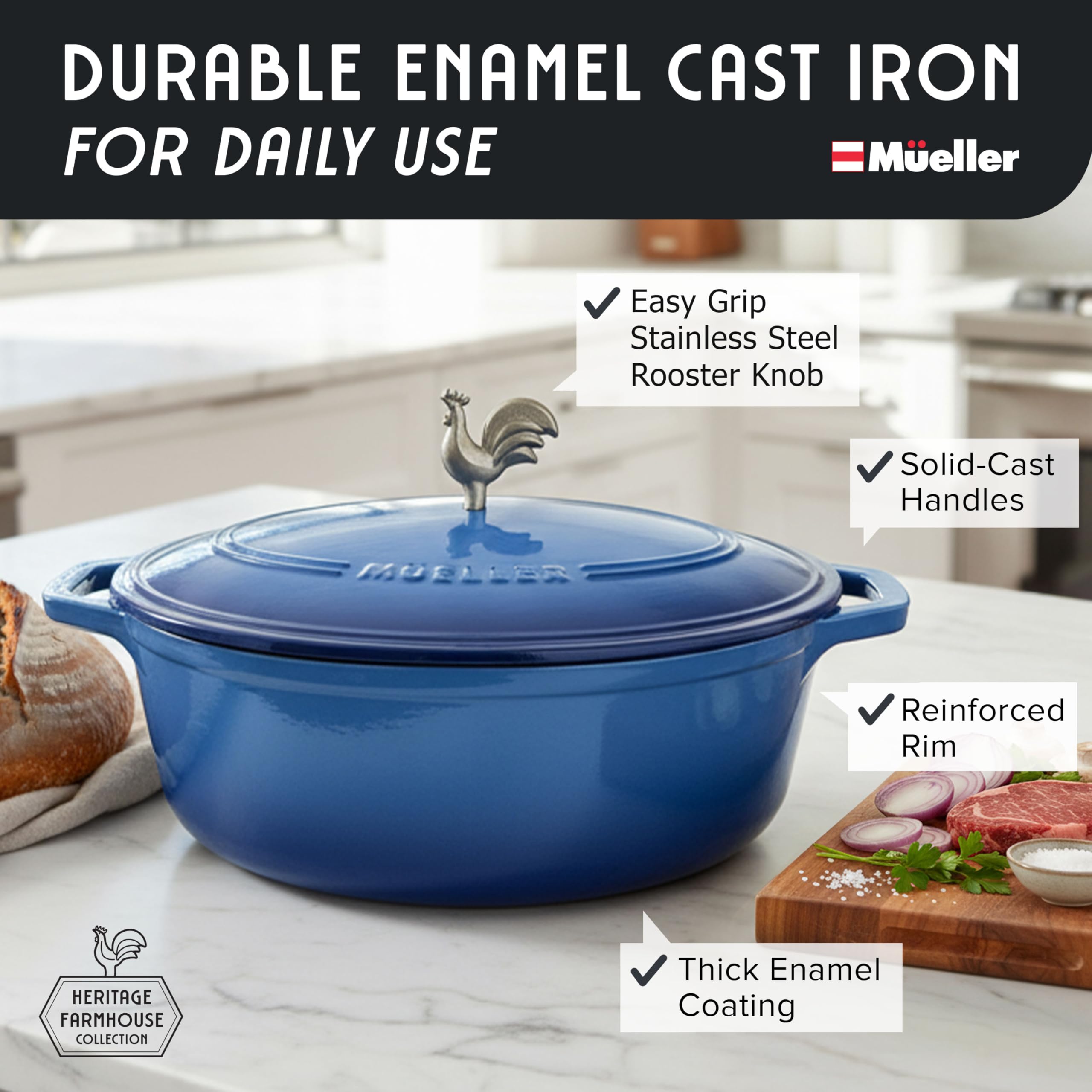 MUELLER HOME 5.5 Quart Enameled Cast Iron Oval Dutch Oven w Rooster Knob & Cotton Potholders, Heavy-Duty Cookware, Oven-Safe up