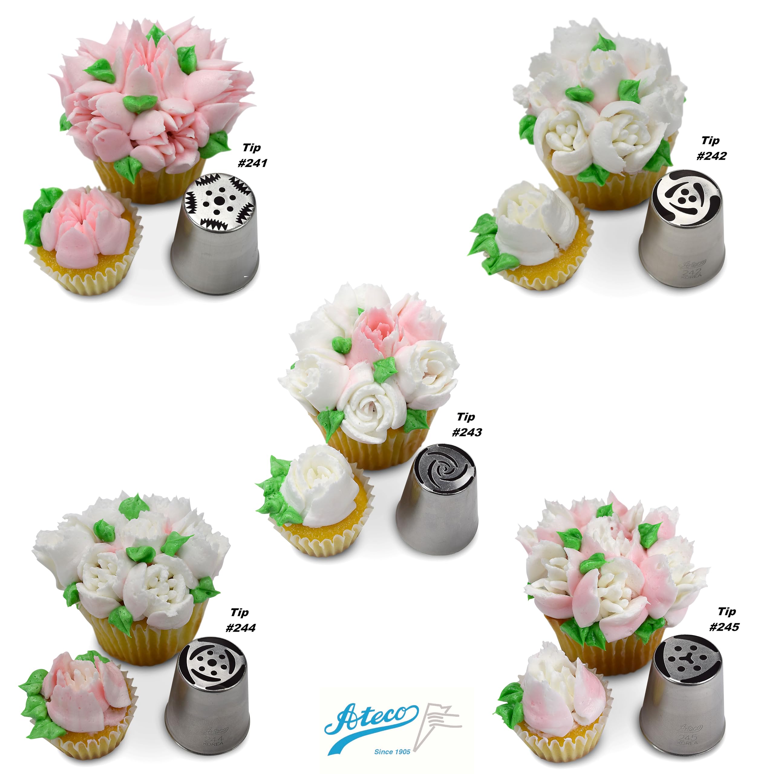Ateco One Step Flower Tube Includes Stainless Steel  15-Piece Russian Tip Set  Silver