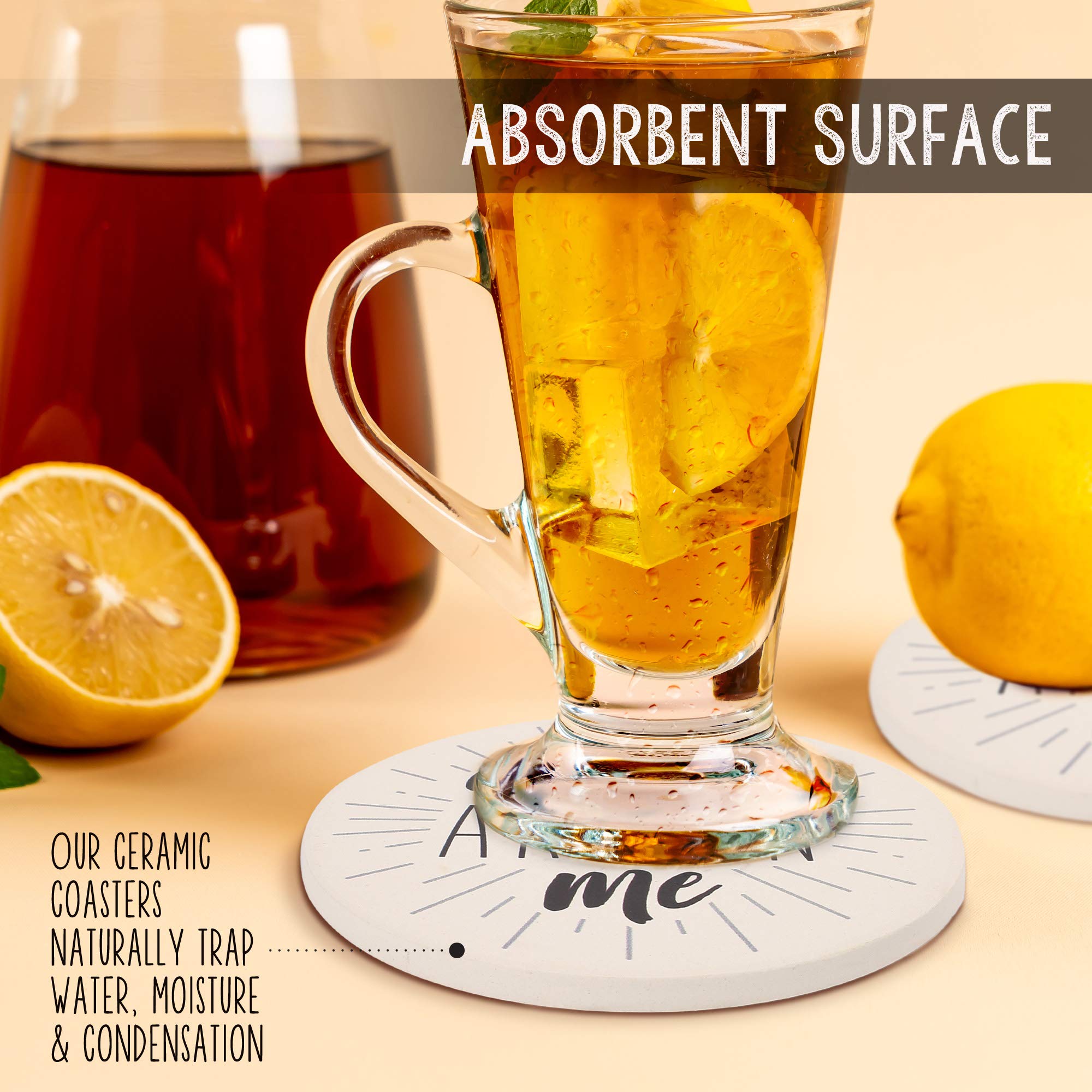 Lotfancy Funny Coasters For Drinks Absorbent With Holder, 6Pcs Ceramic Coasters With Cork Base, Round Coasters With 6 Sayings, N