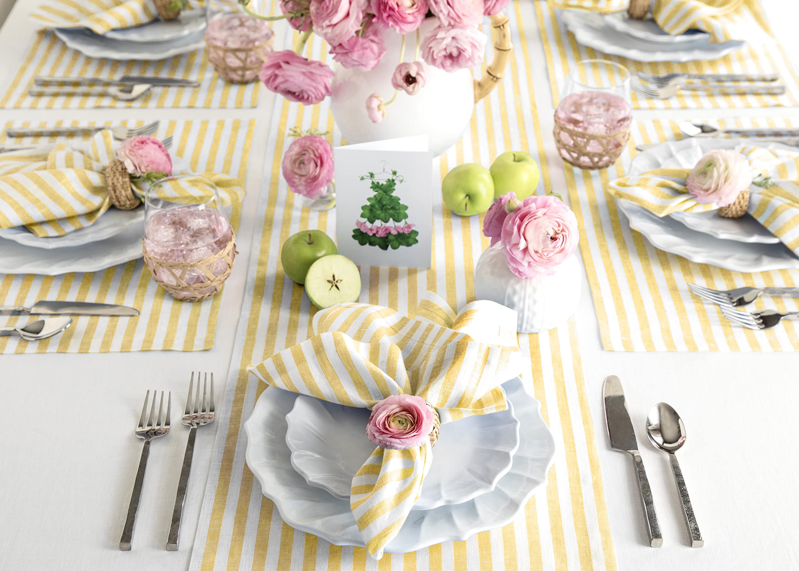 Solino Home Stripe Linen Table Runner 48 Inch - 100% Pure Linen Primrose Yellow And White Table Runner 14 X 48 Inch - Farmhouse