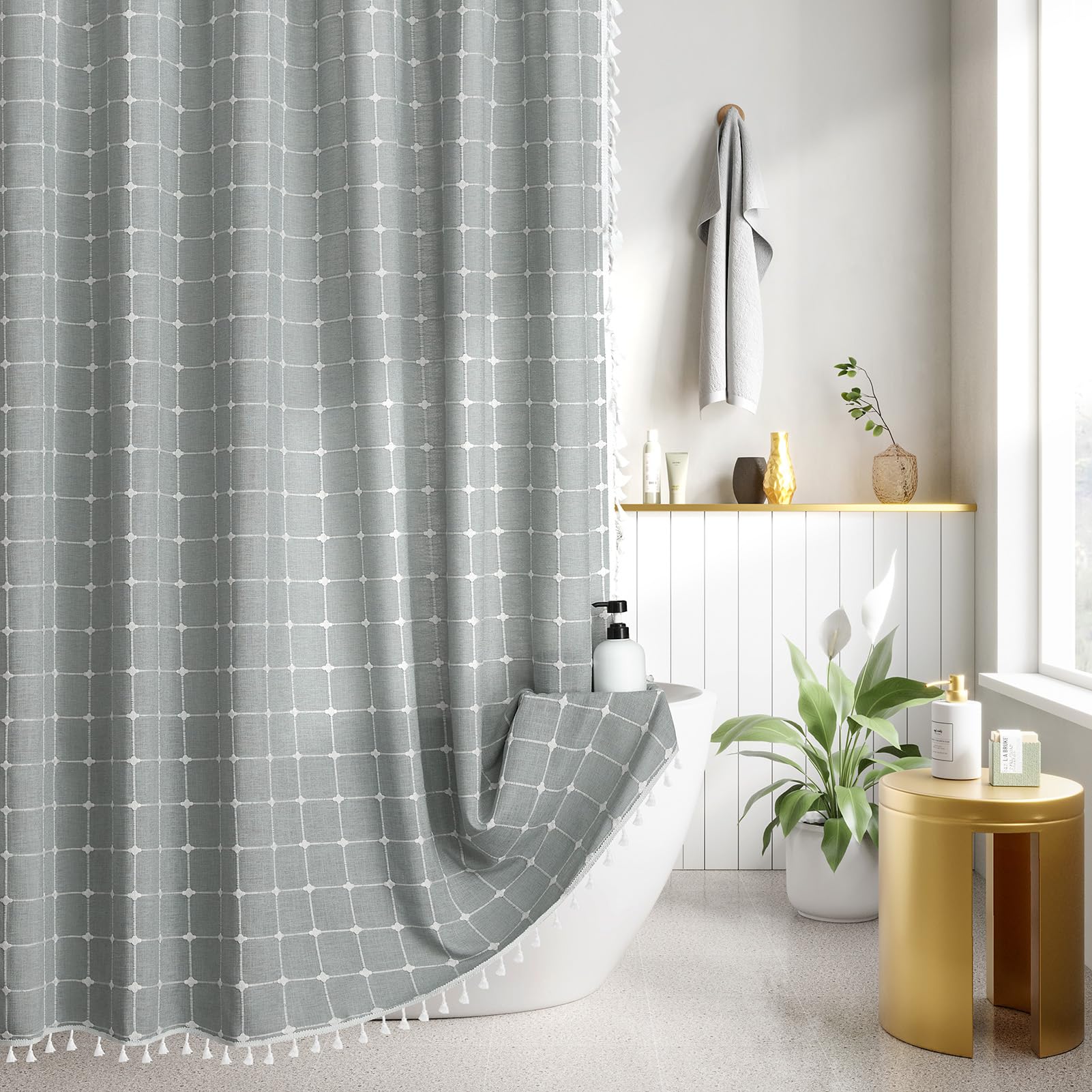 Boho Shower Curtain Farmhouse Linen Waterproof Thick Fabric Checkered Shower Curtain Set With Tassels, Modern Luxury Hotel Weigh