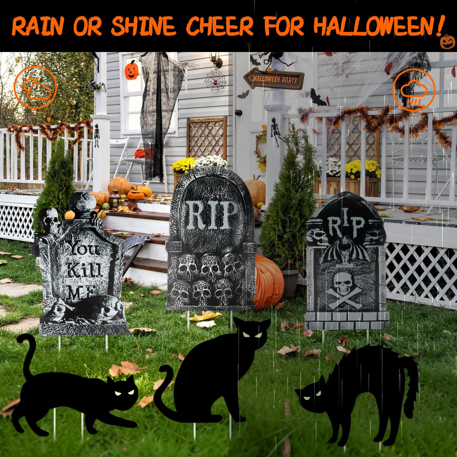 Fangoo 3 Pcs RIP Halloween Tombstone and 3Pcs Black Cat Yard Signs Halloween Gravestones Decorations Terrifying Halloween Outdoo