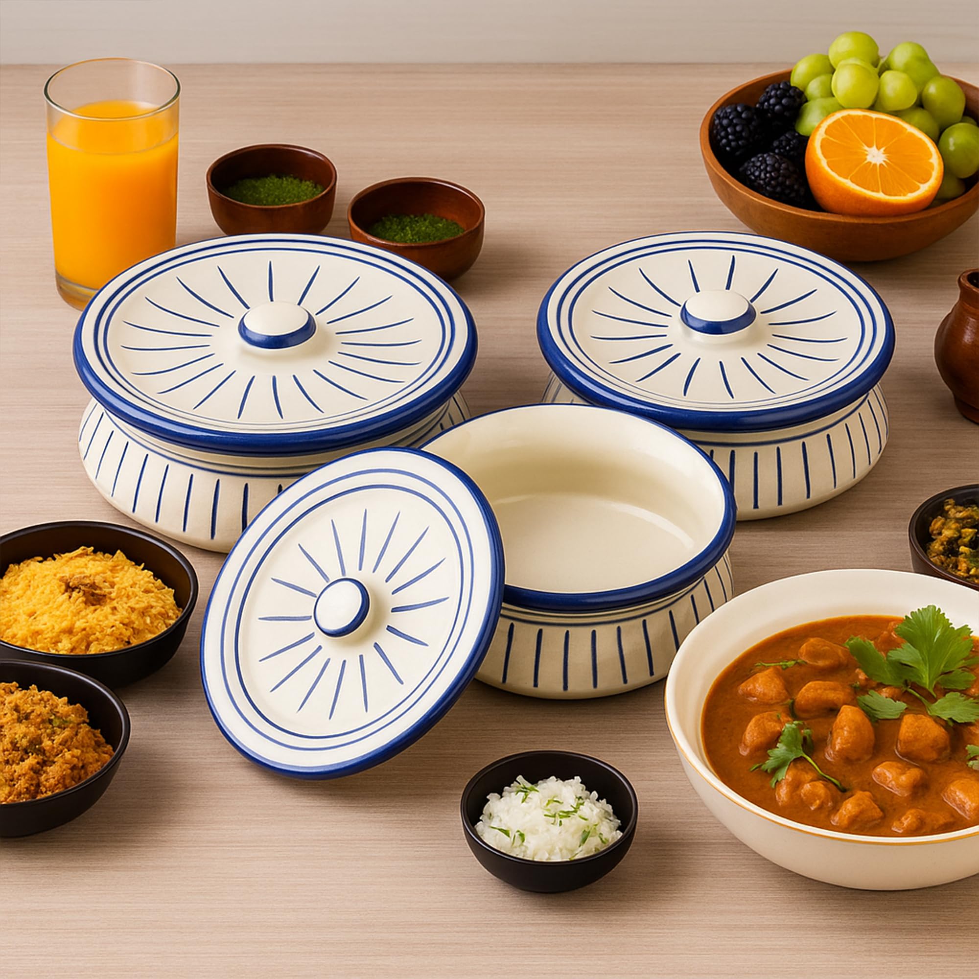 Praahi Lifestyle Ceramic Biryani Handi Set With Lid, Blue White Handpainted Rice Pot For Serving Dal, Curry |Set Of 3 | 1250 Ml,