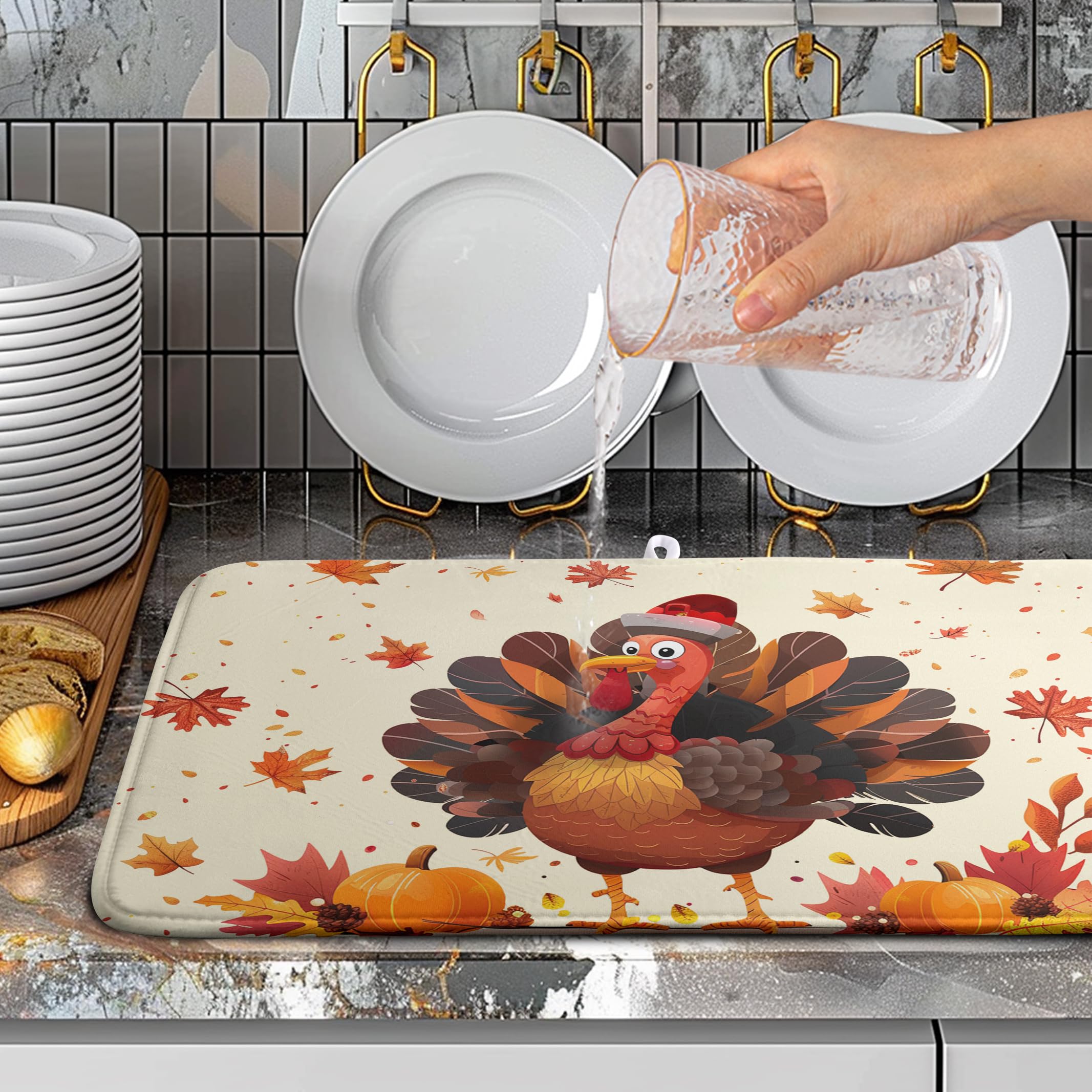 Happy Thanksgiving Dish Drying Mats for Kitchen Counter Autumn Fall Turkey Maple Leaves Pumpkin Drying Mat 18 x 24 Inch Microfib
