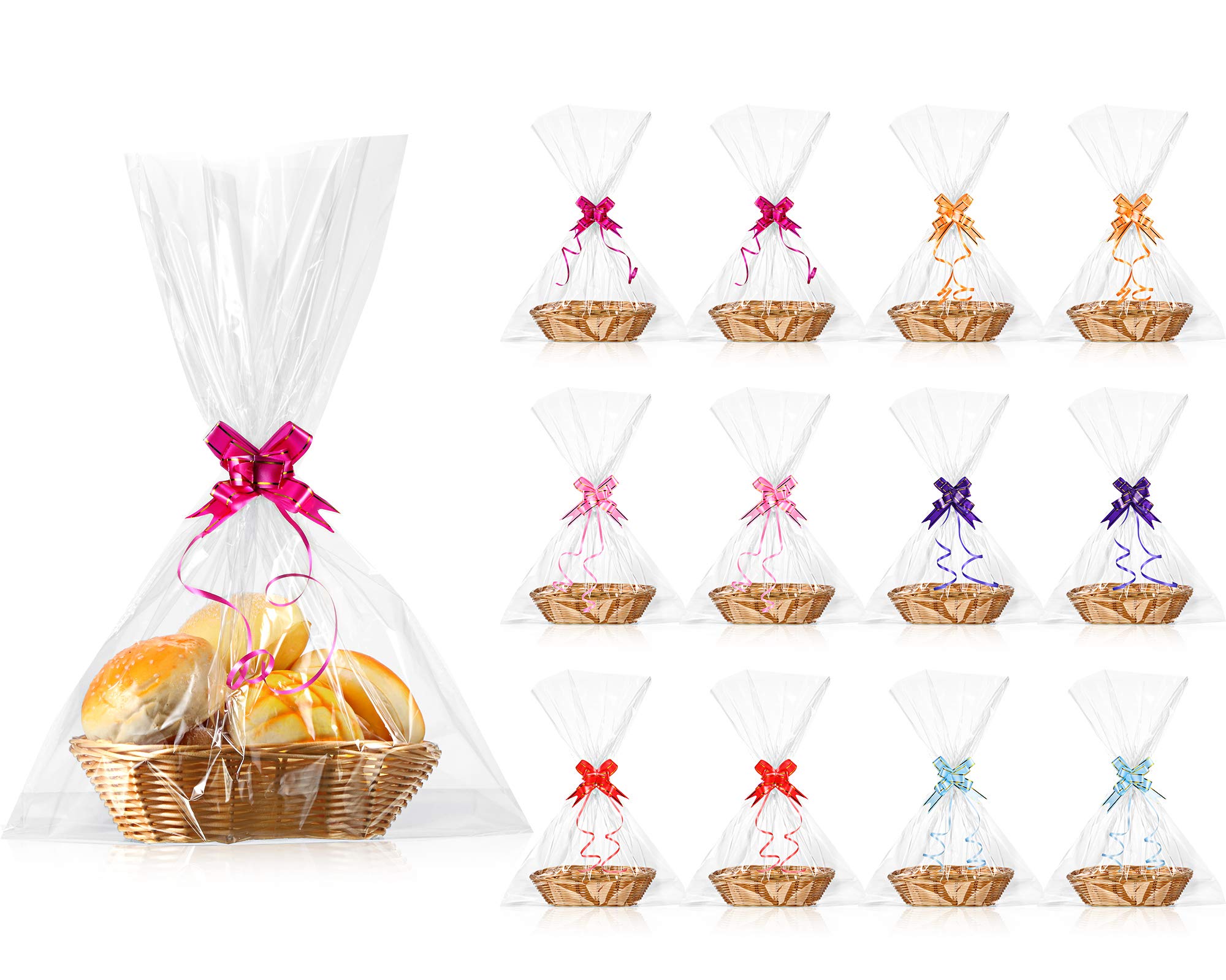 12 Pieces Oval Basket Food Storage Basket Woven Empty Basket Fruit Basket Gift Baskets With 60 Colorful Pull Bows And 30 Clear G